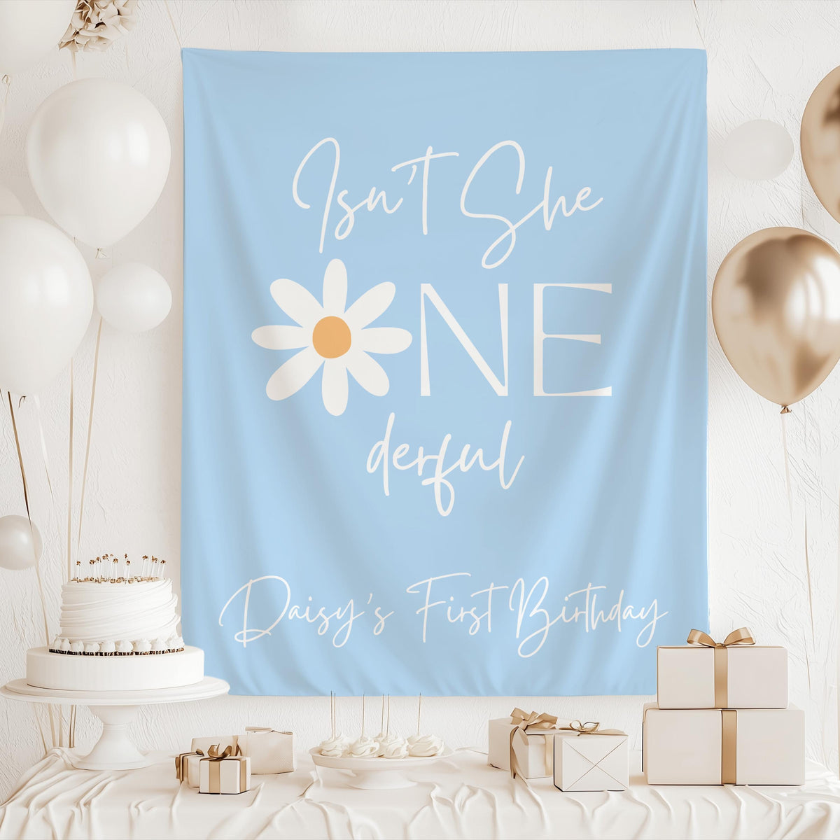 Custom floral birthday backdrop for cake table decorations and first birthday party photos