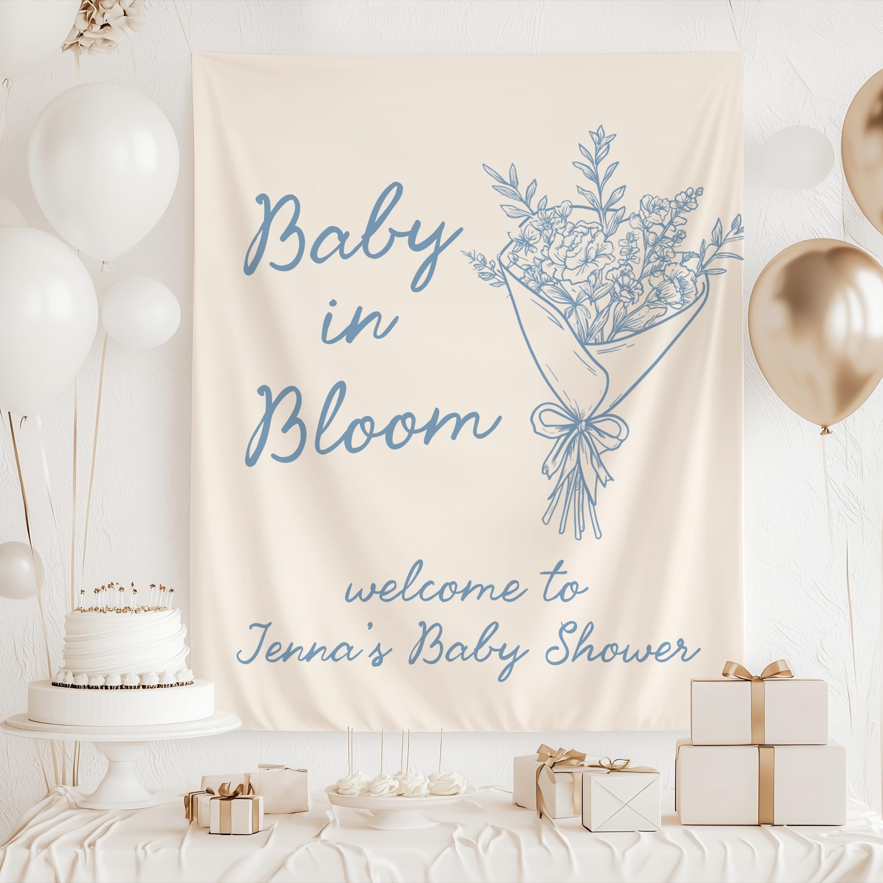 Custom flower market baby shower backdrop with bouquet illustration and personalized welcome message