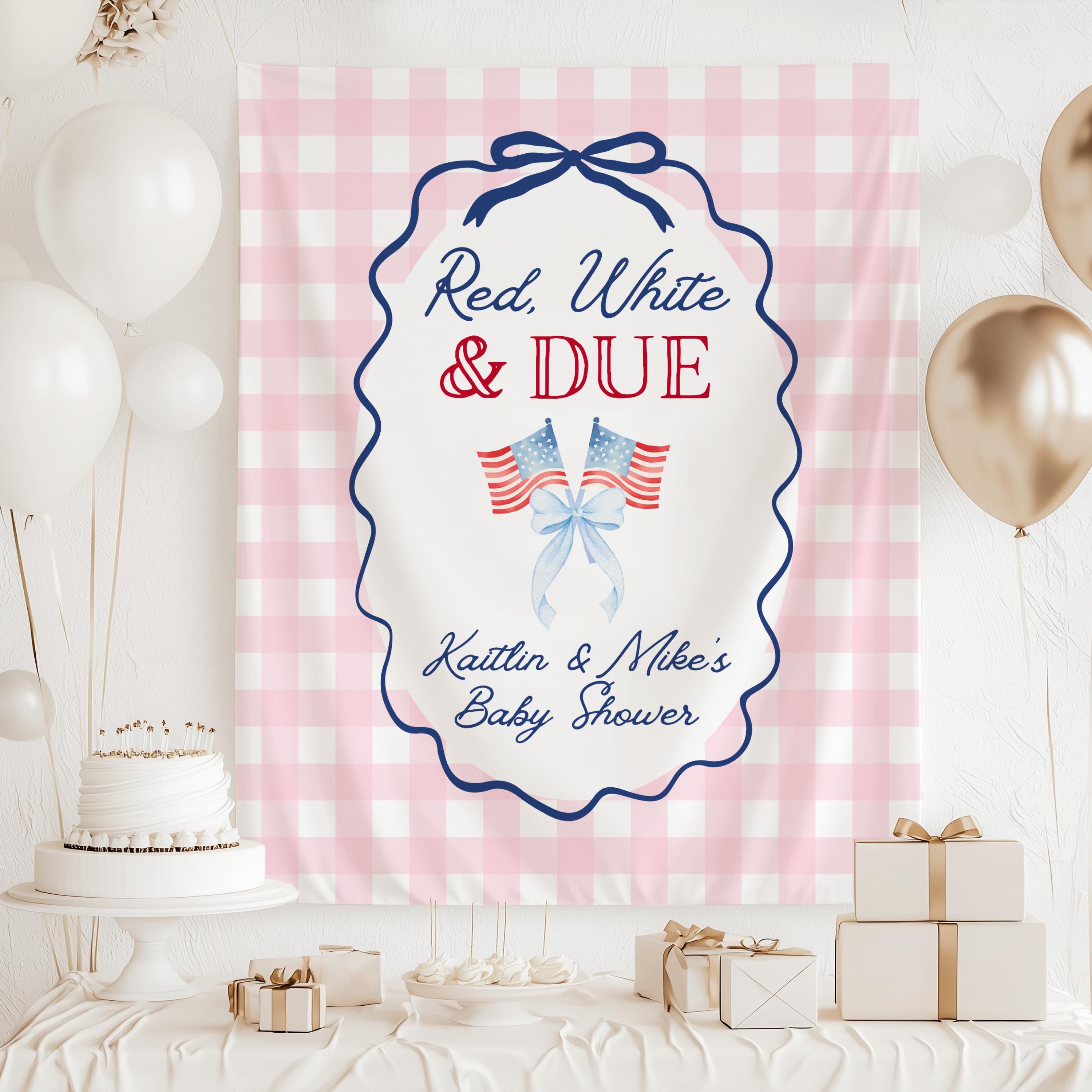 Custom Fourth of July baby shower banner with patriotic flags and personalized baby shower details