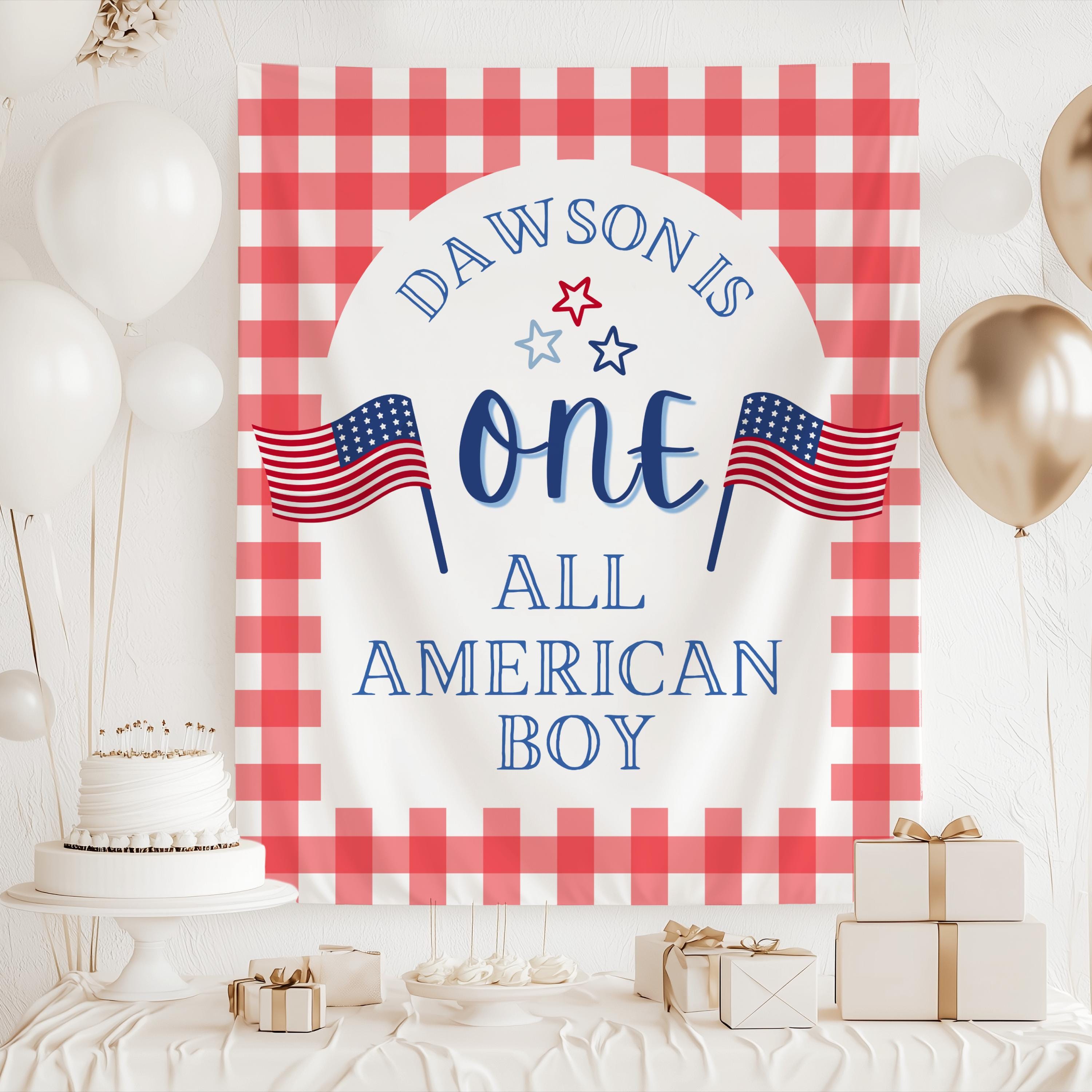 Fourth of July first birthday banner featuring classic American flag artwork and gingham pattern