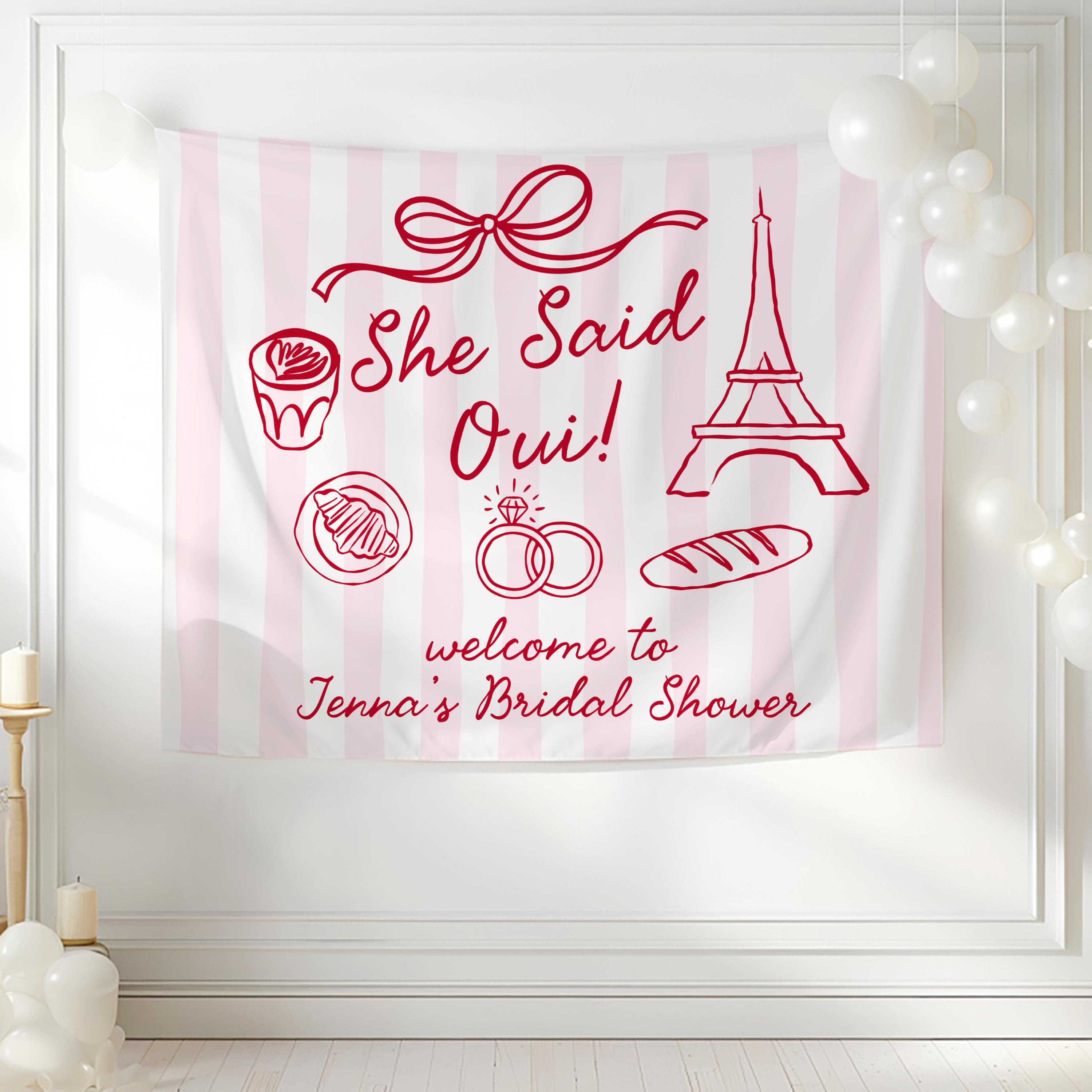 French café bridal shower decor banner with Paris inspired artwork for bridal showers engagement parties and weddings