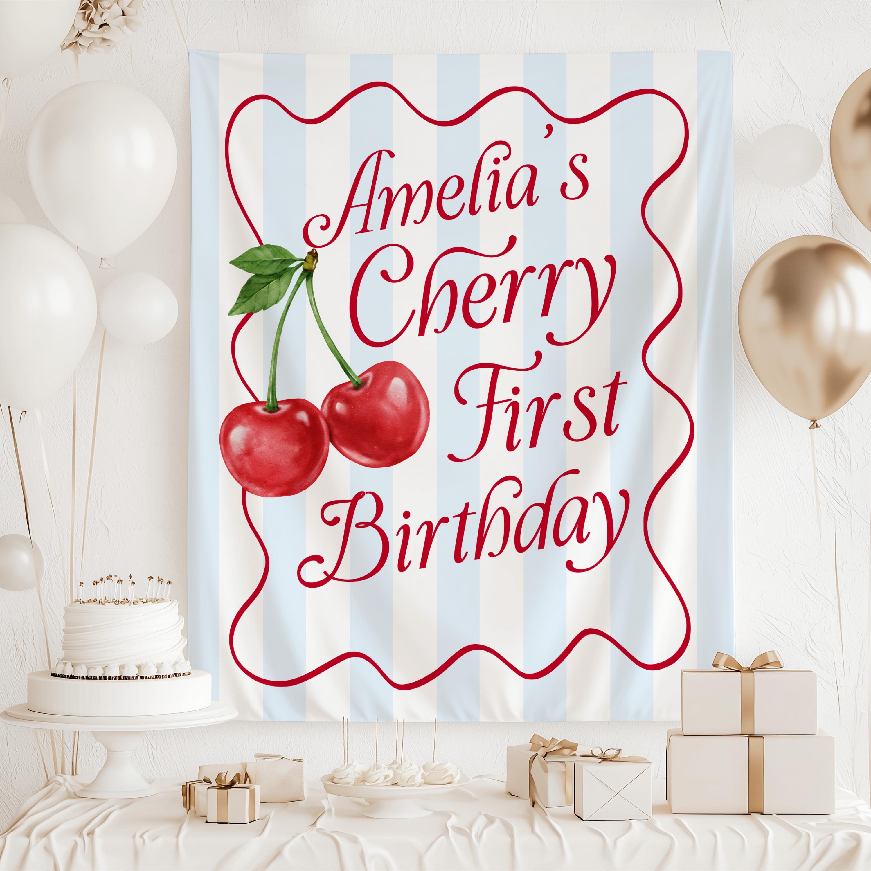 Personalized fruit themed first birthday banner with cherries for a sweet birthday celebration