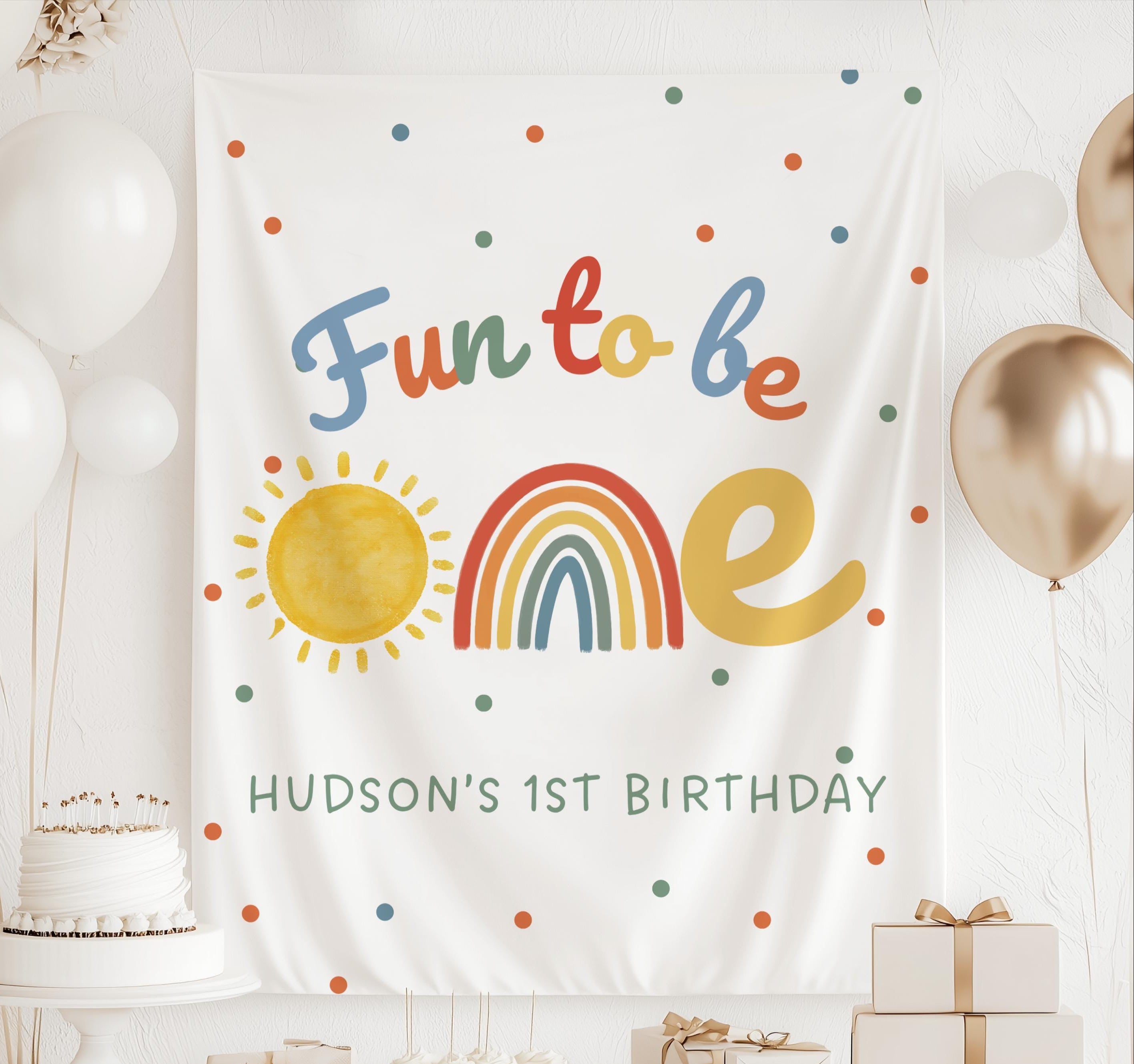 Personalized Fun to Be One first birthday banner featuring a colorful rainbow, sunshine and custom birthday details.