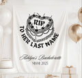 Custom RIP to Her Last Name bachelorette party banner black and white backdrop