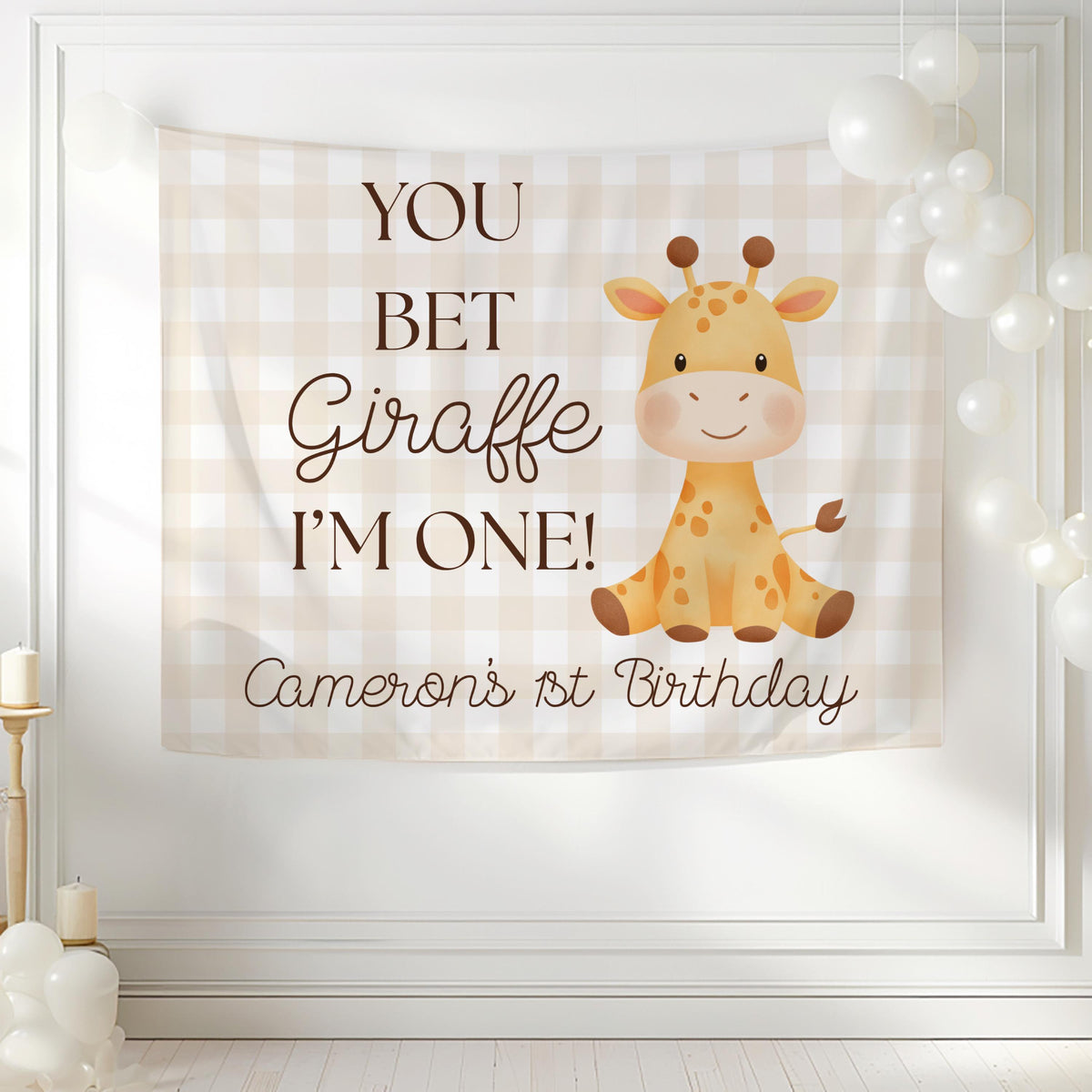 Funny first birthday backdrop featuring a giraffe theme perfect for cake smash photos and party decor