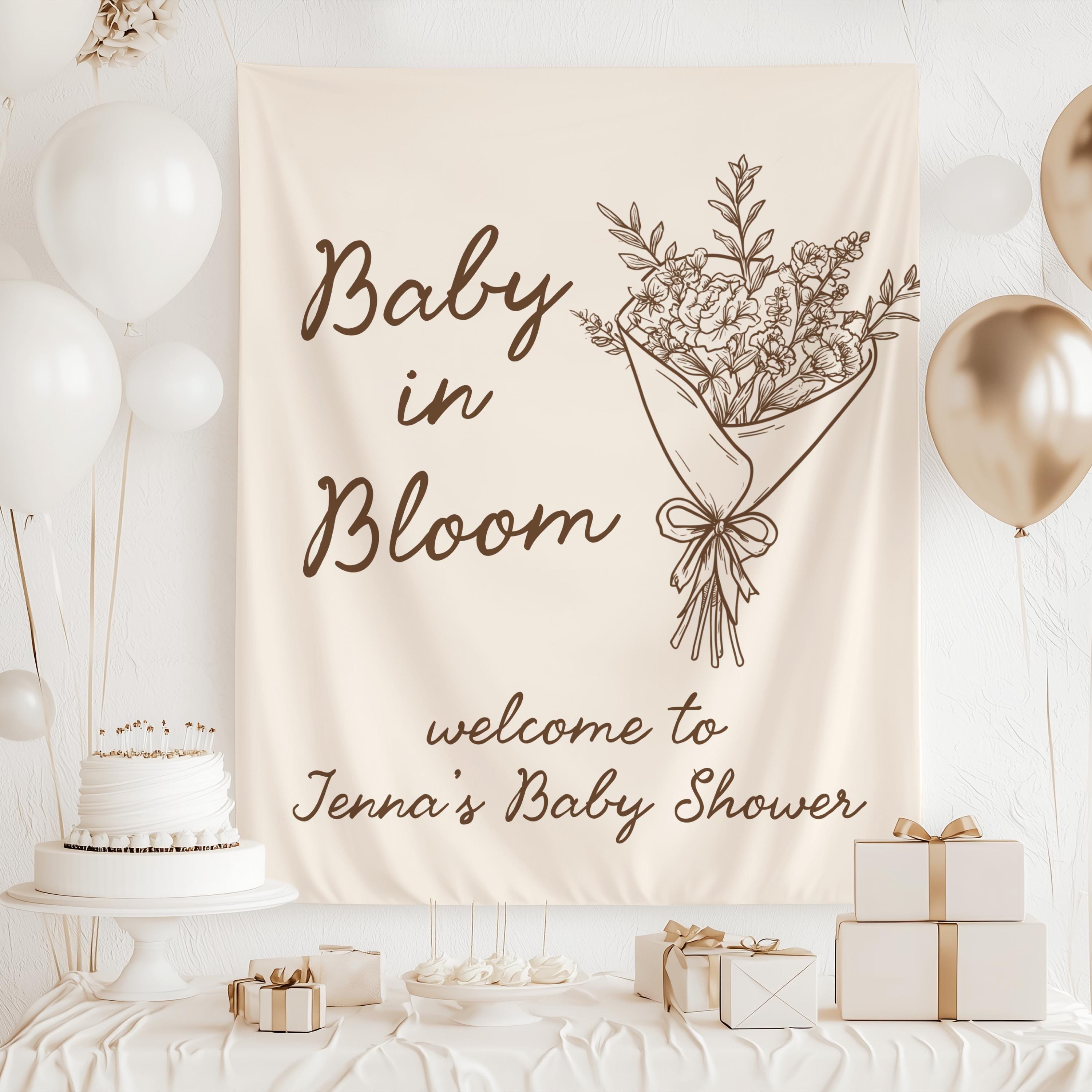 Custom garden themed baby shower backdrop featuring floral bouquet line art and soft sage green design