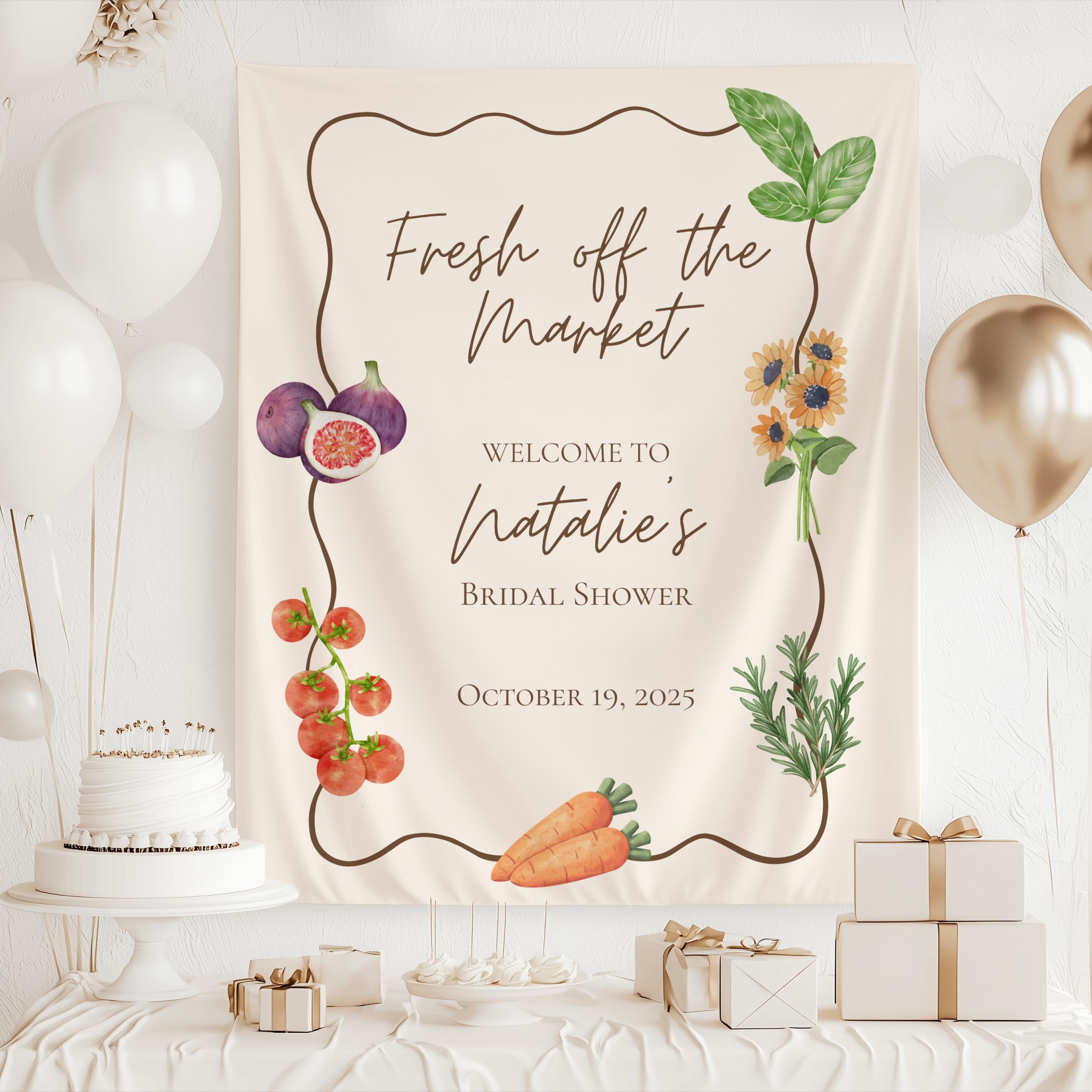 Garden bridal shower decor banner with fresh produce inspired artwork personalized for the bride to be