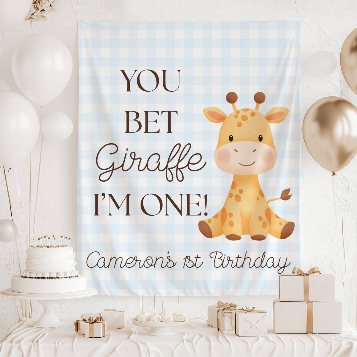 Funny giraffe first birthday banner featuring an adorable giraffe and playful birthday pun
