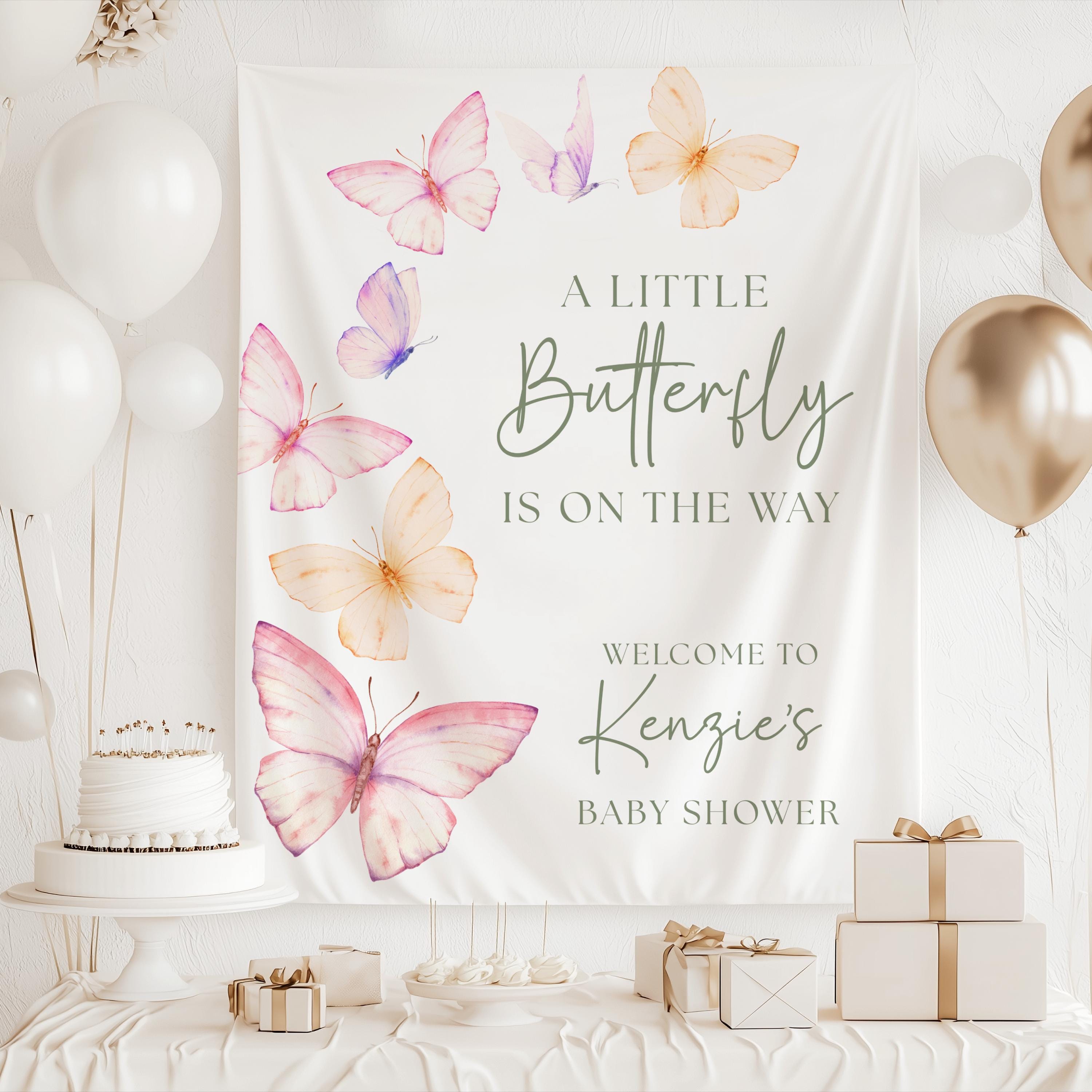 Personalized girl baby shower backdrop with butterfly theme and elegant watercolor butterfly artwork