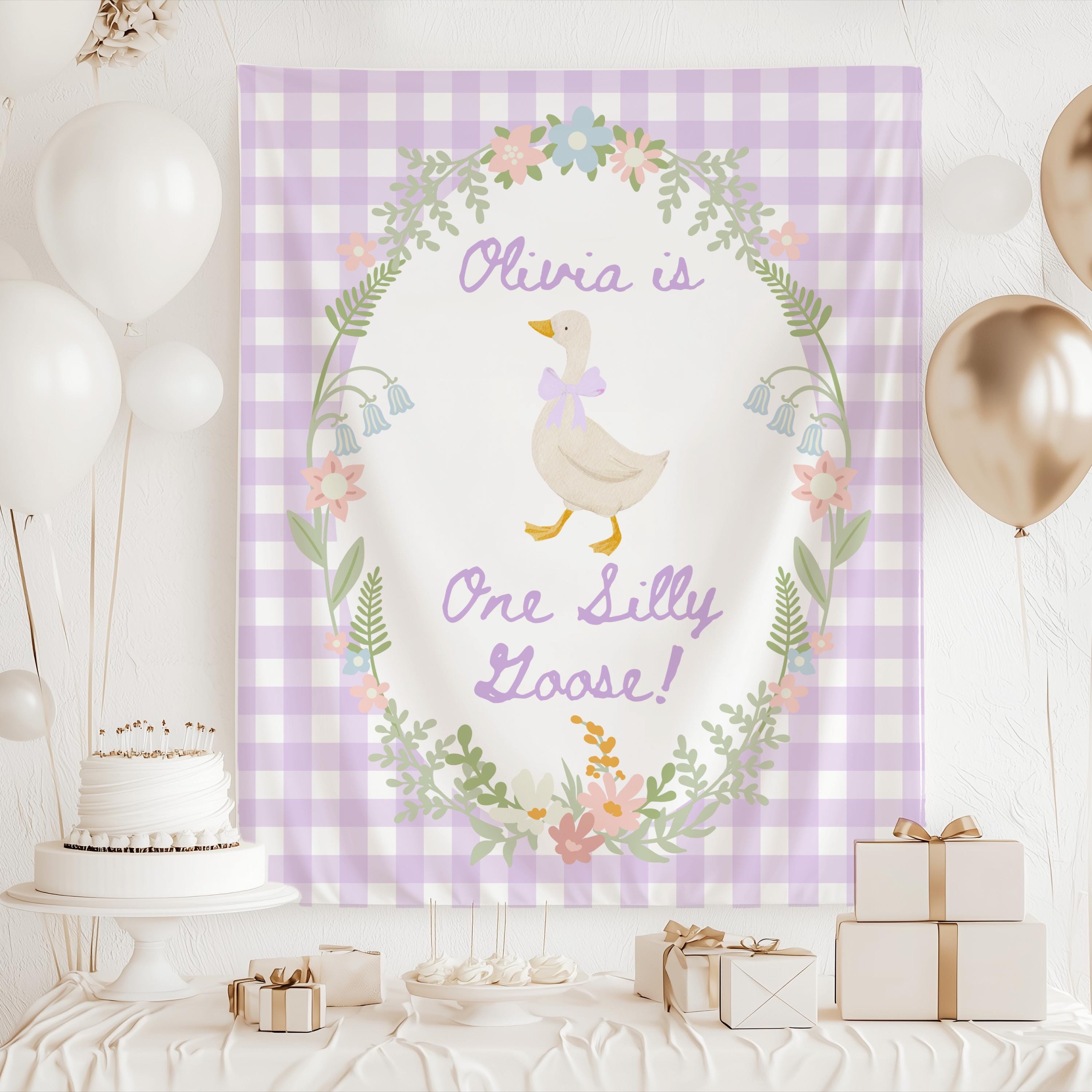 Personalized goose themed 1st birthday banner with pink gingham background and floral details