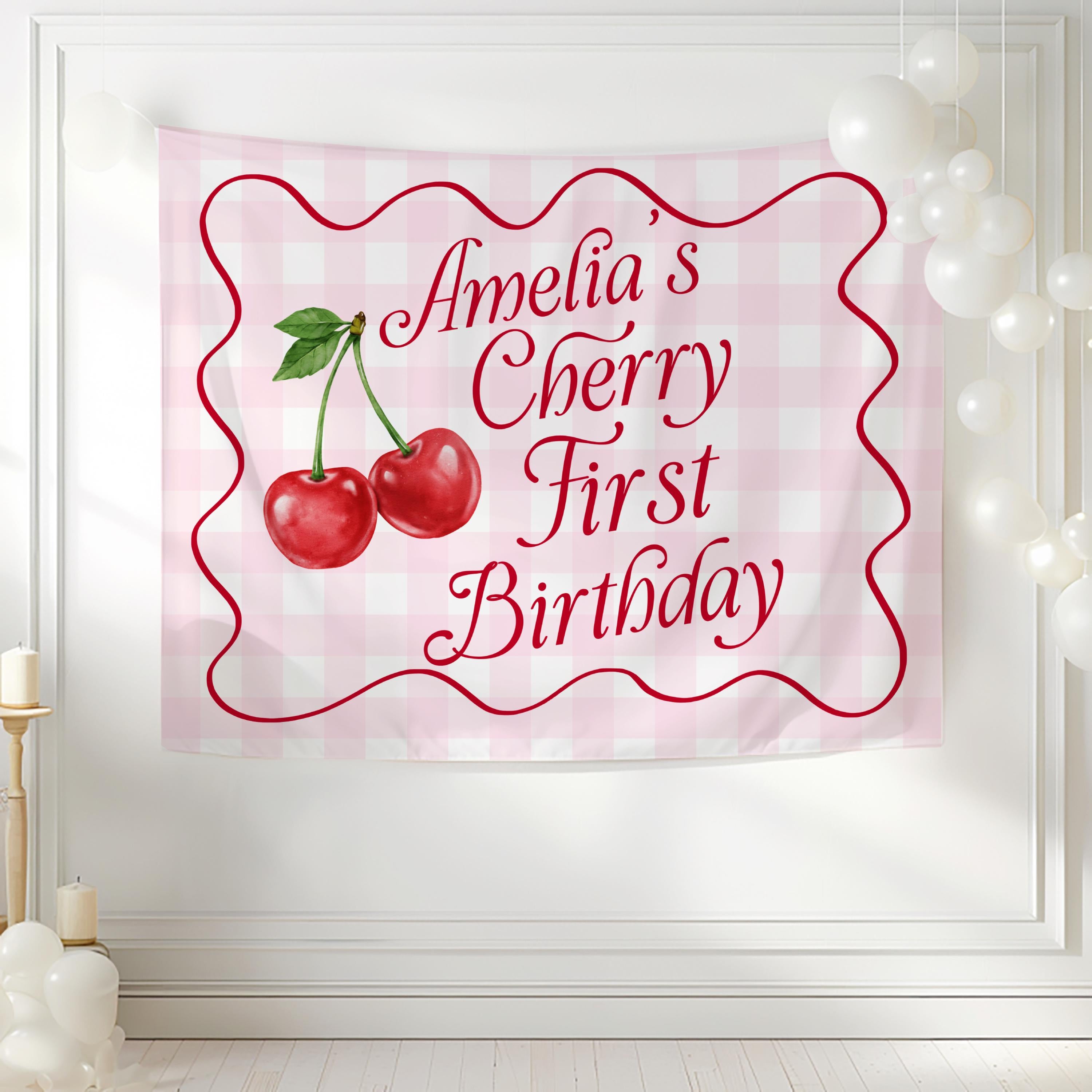 Personalized girls first birthday banner featuring cherries and custom birthday name