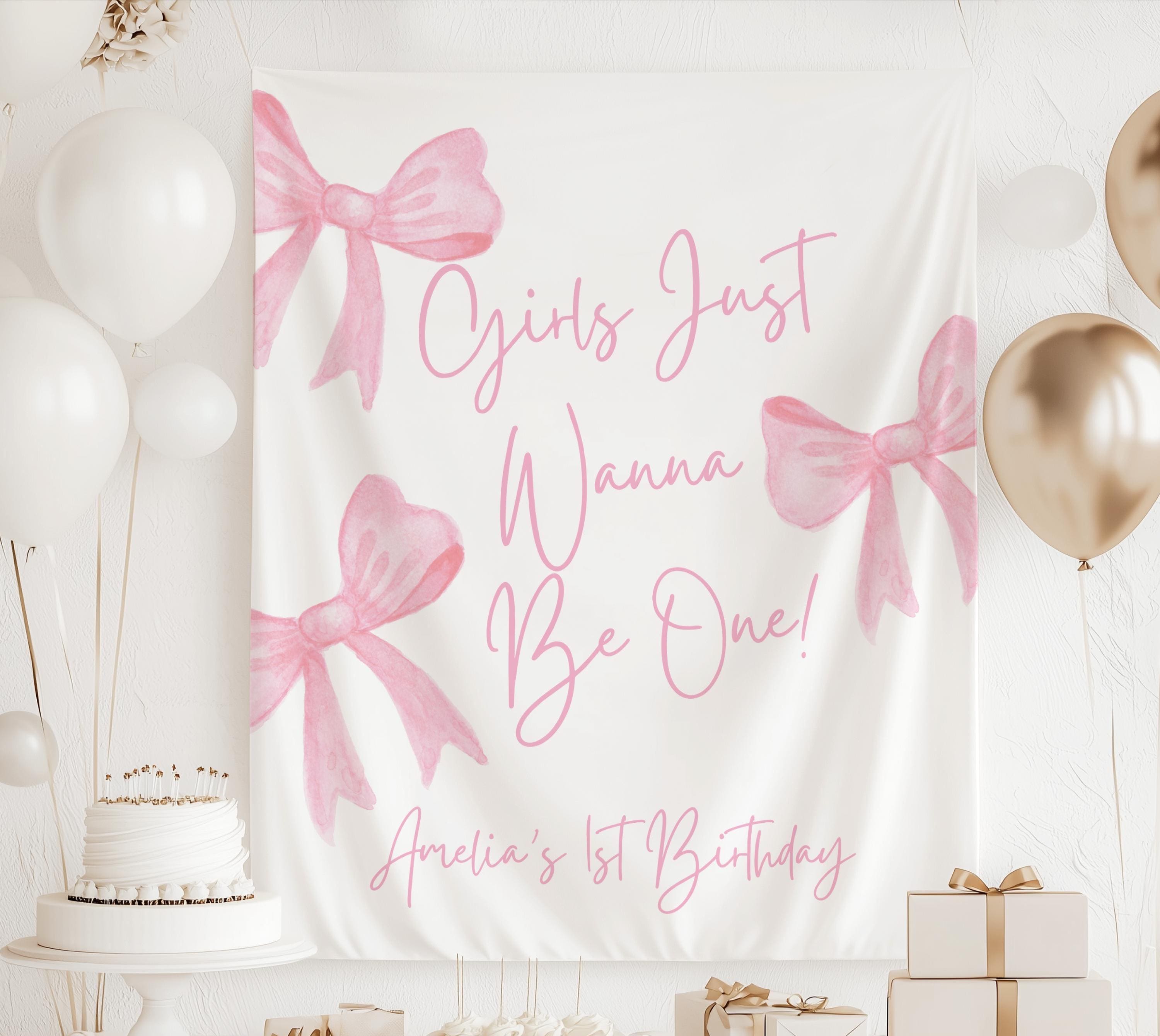 Personalized Girls Just Wanna Be One birthday banner with custom name for a pink bow themed first birthday