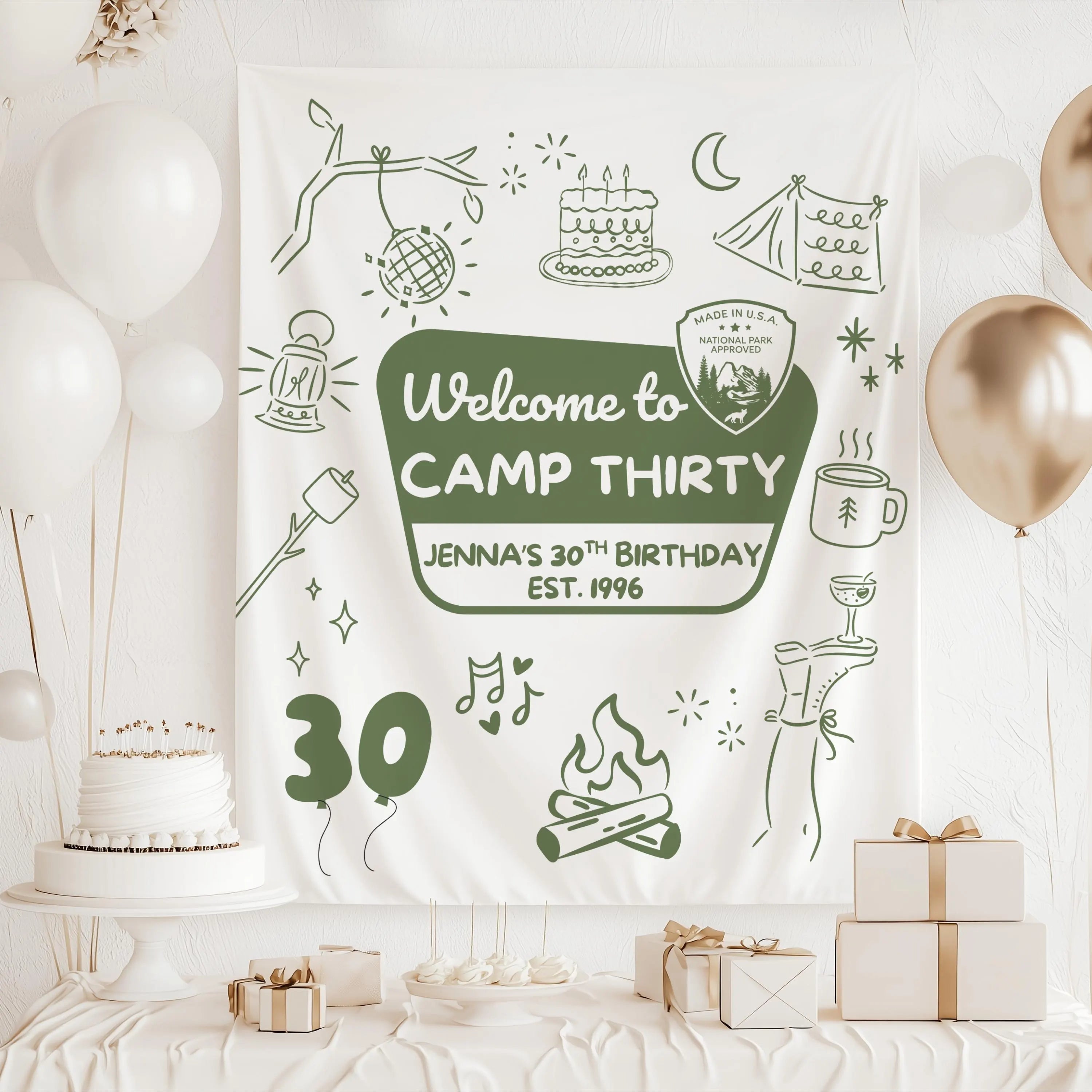 Personalized glamping birthday backdrop featuring camping themed artwork for a stylish 30th birthday celebration.