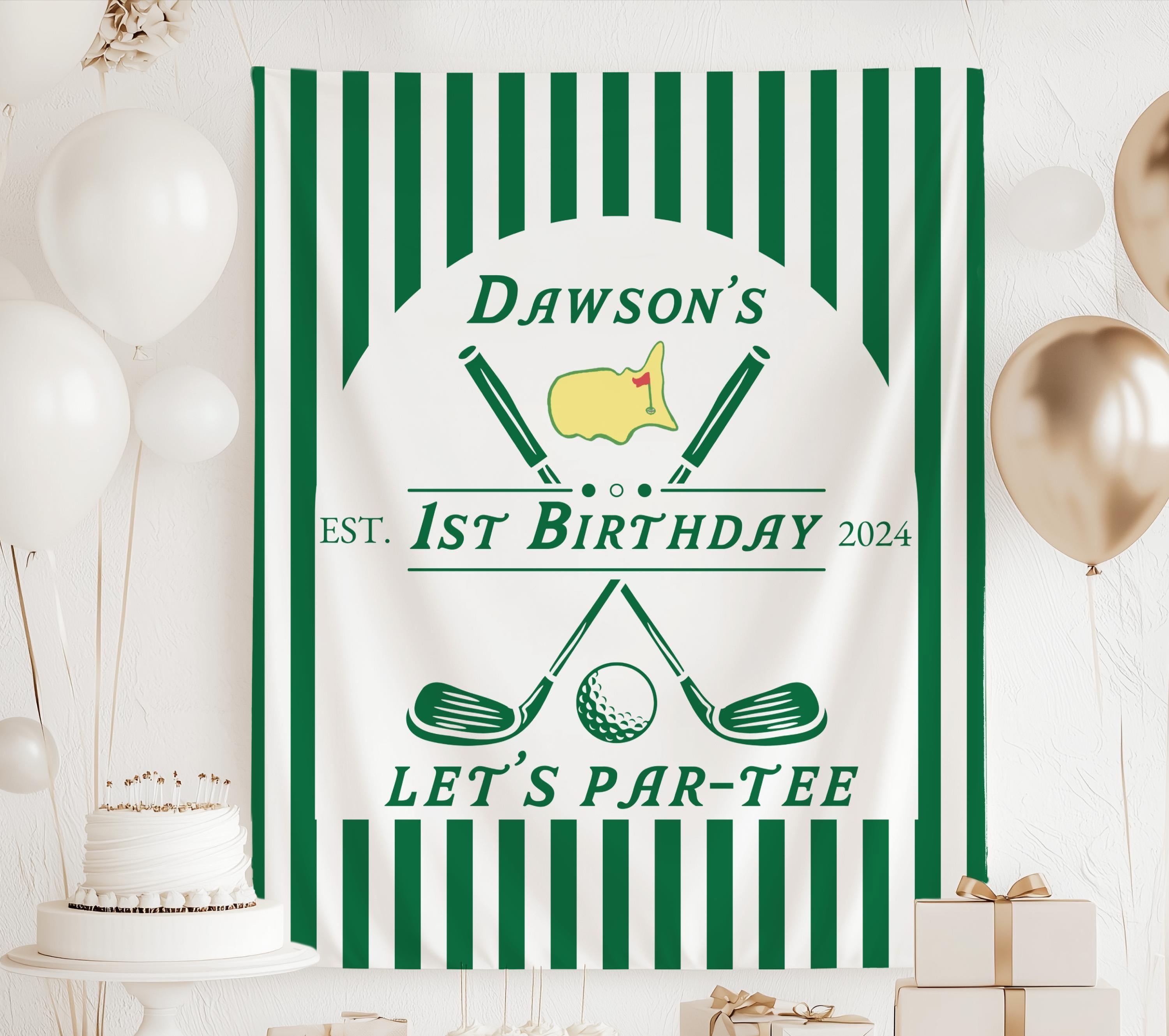 Custom golf birthday banner featuring golf clubs golf ball and green striped design
