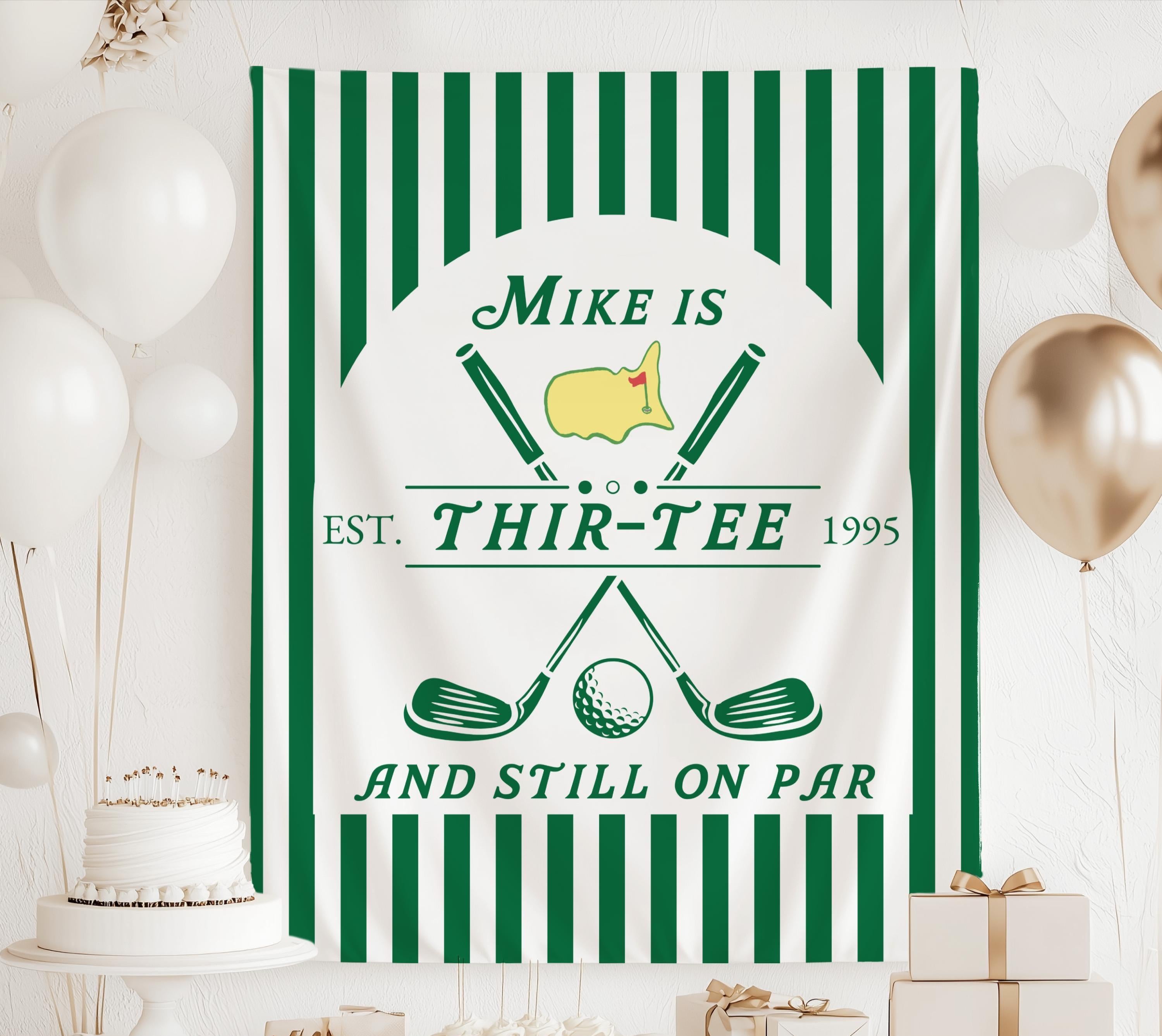 Custom golf birthday party backdrop featuring Thir Tee design with golf clubs golf ball and personalized details