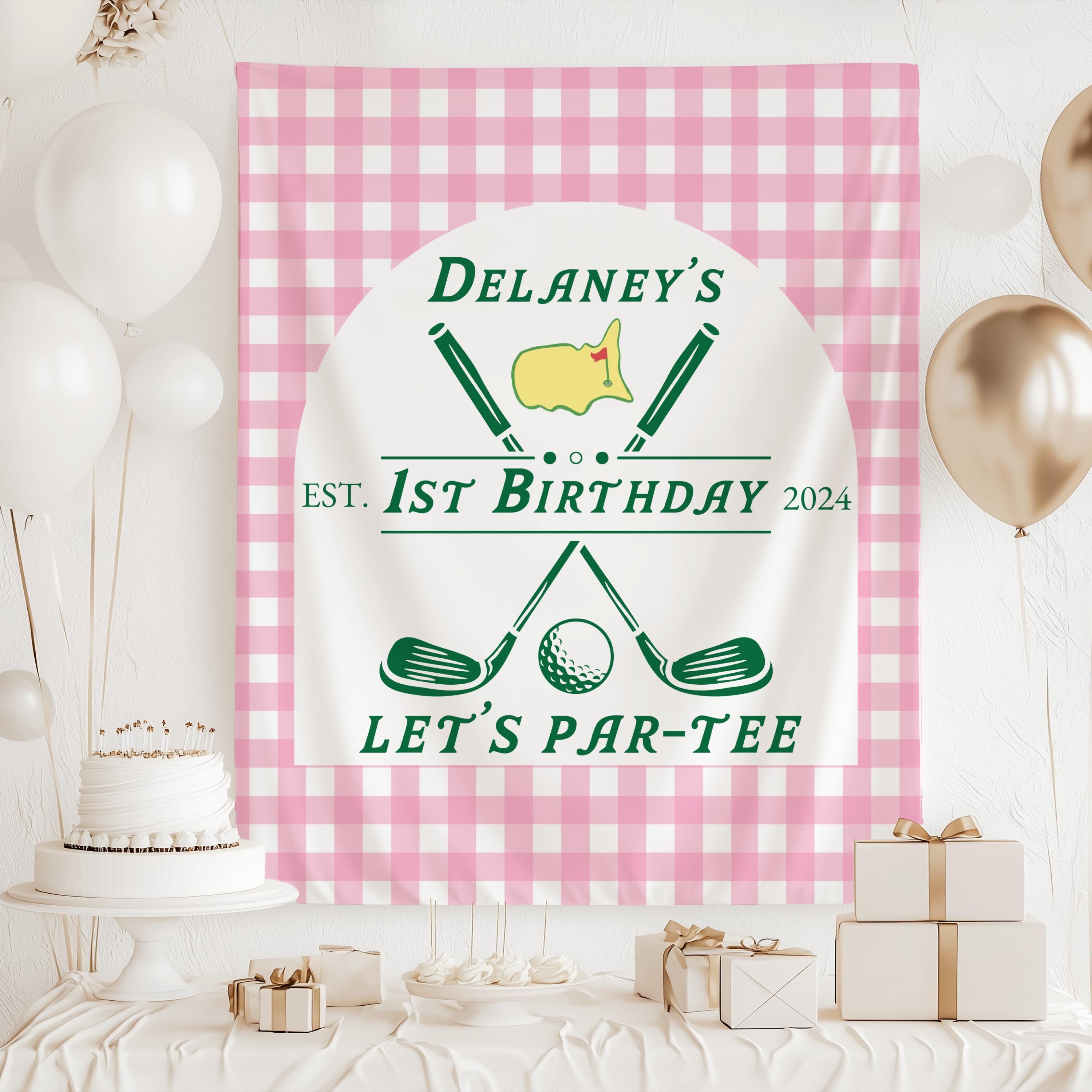 Let's Par-Tee birthday banner in pink gingham