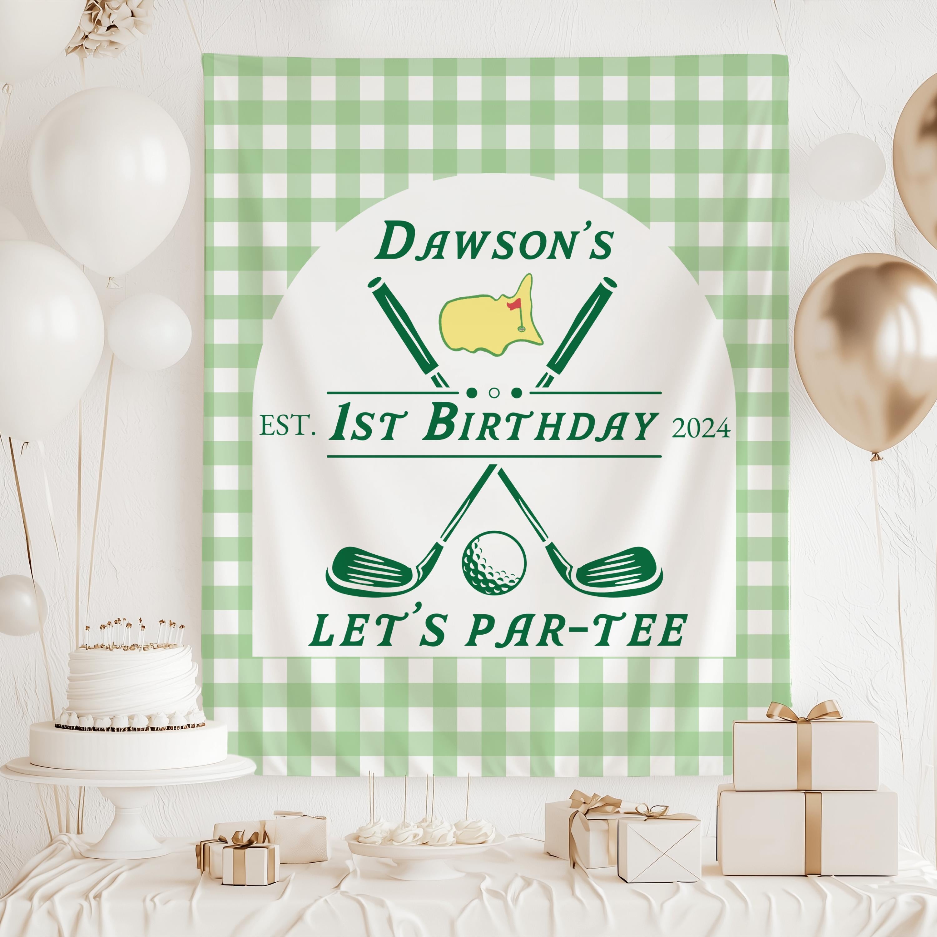 Let's Par-Tee birthday banner with golf clubs golf ball and personalized name
