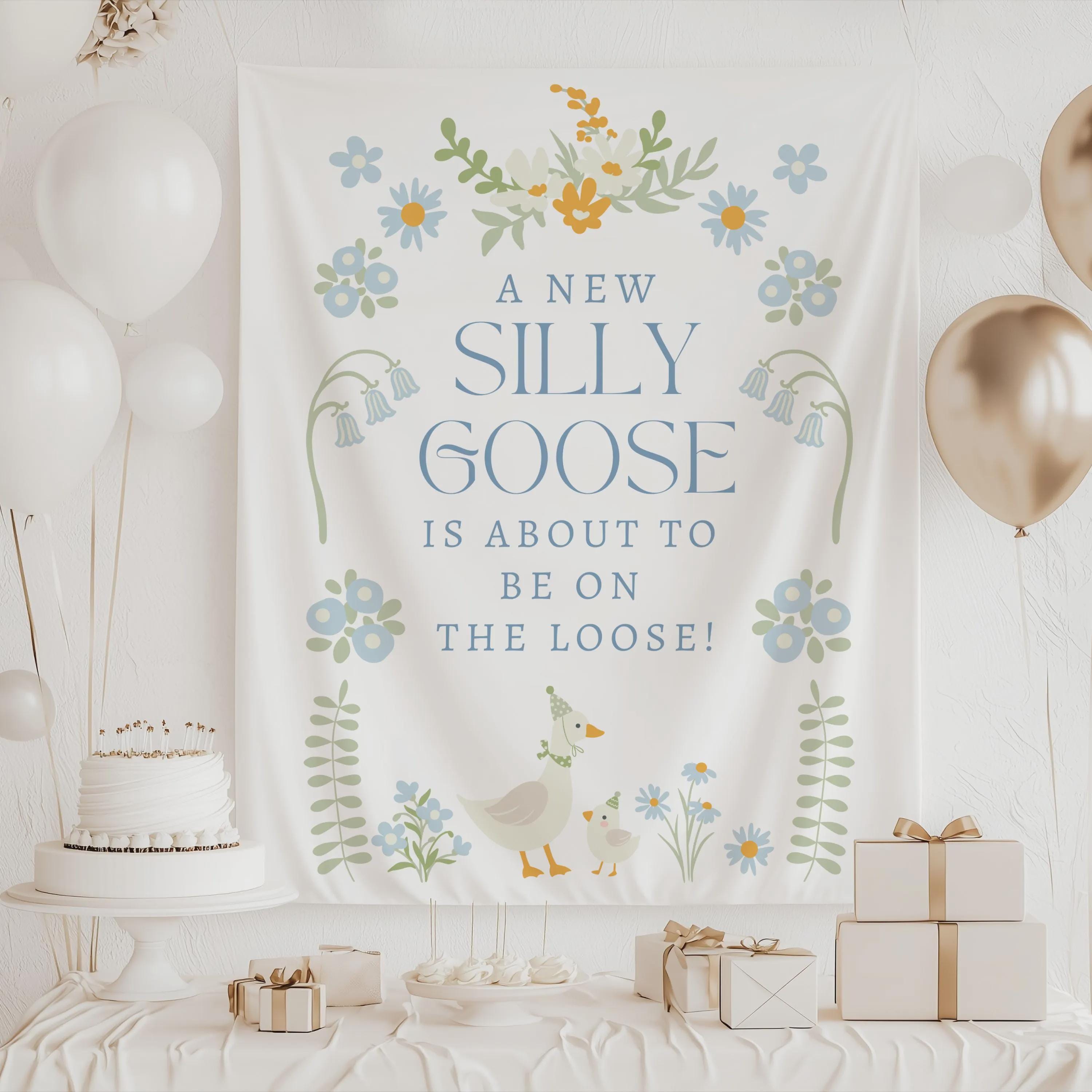 Personalized goose themed baby shower backdrop with floral illustrations and custom wording