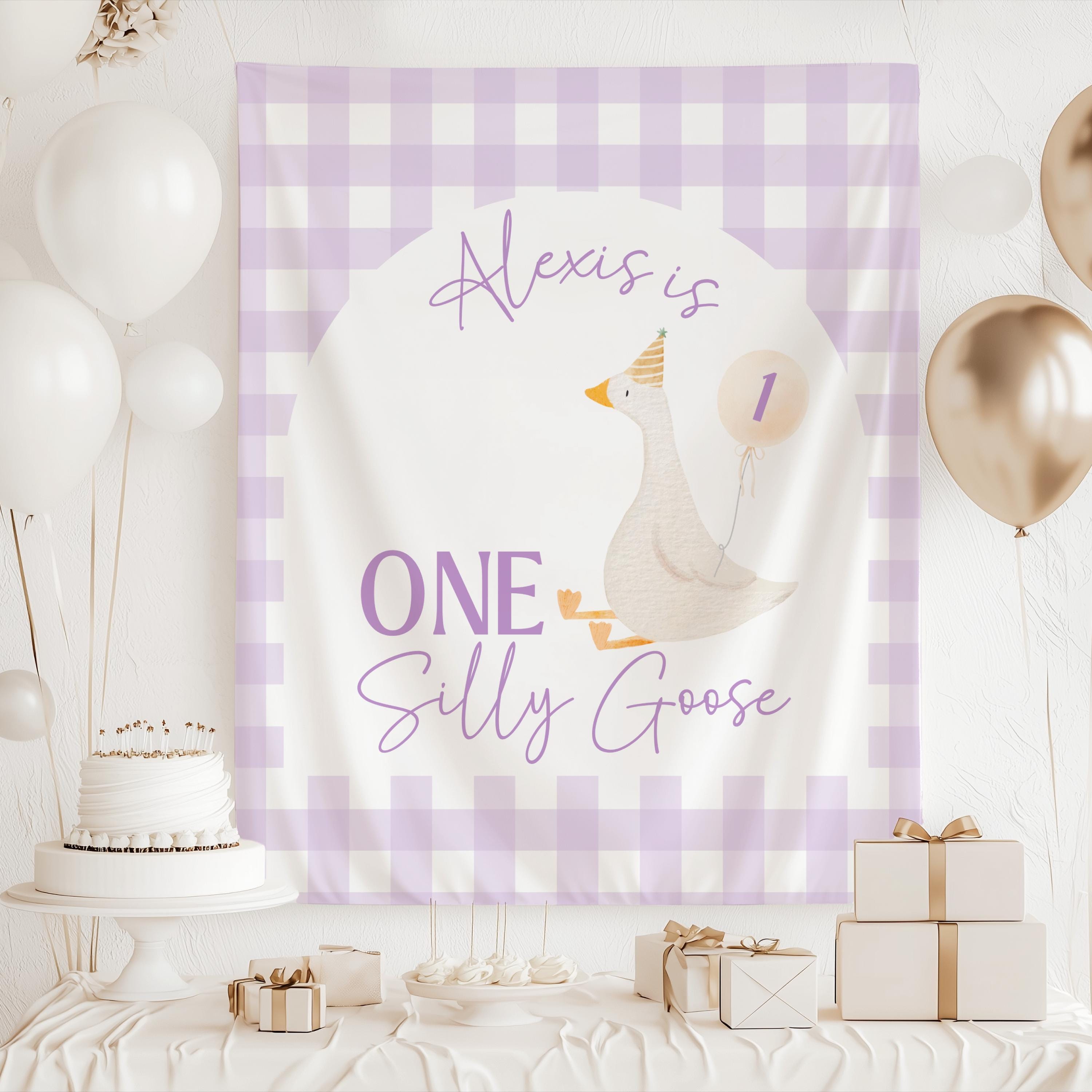 Personalized goose themed first birthday banner with blue gingham background and party goose