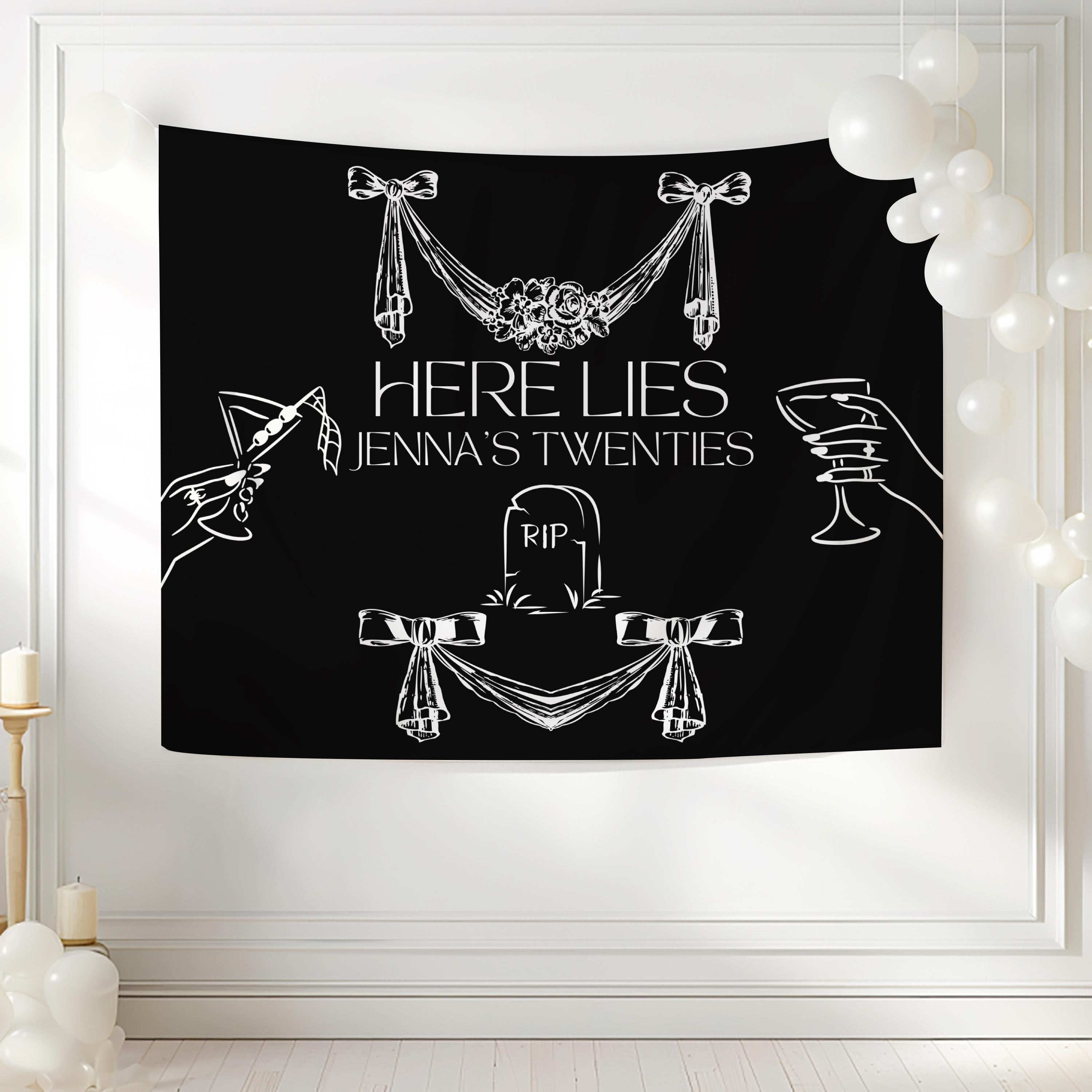 Custom gothic 30th birthday tapestry featuring RIP Twenties design for milestone birthday celebrations