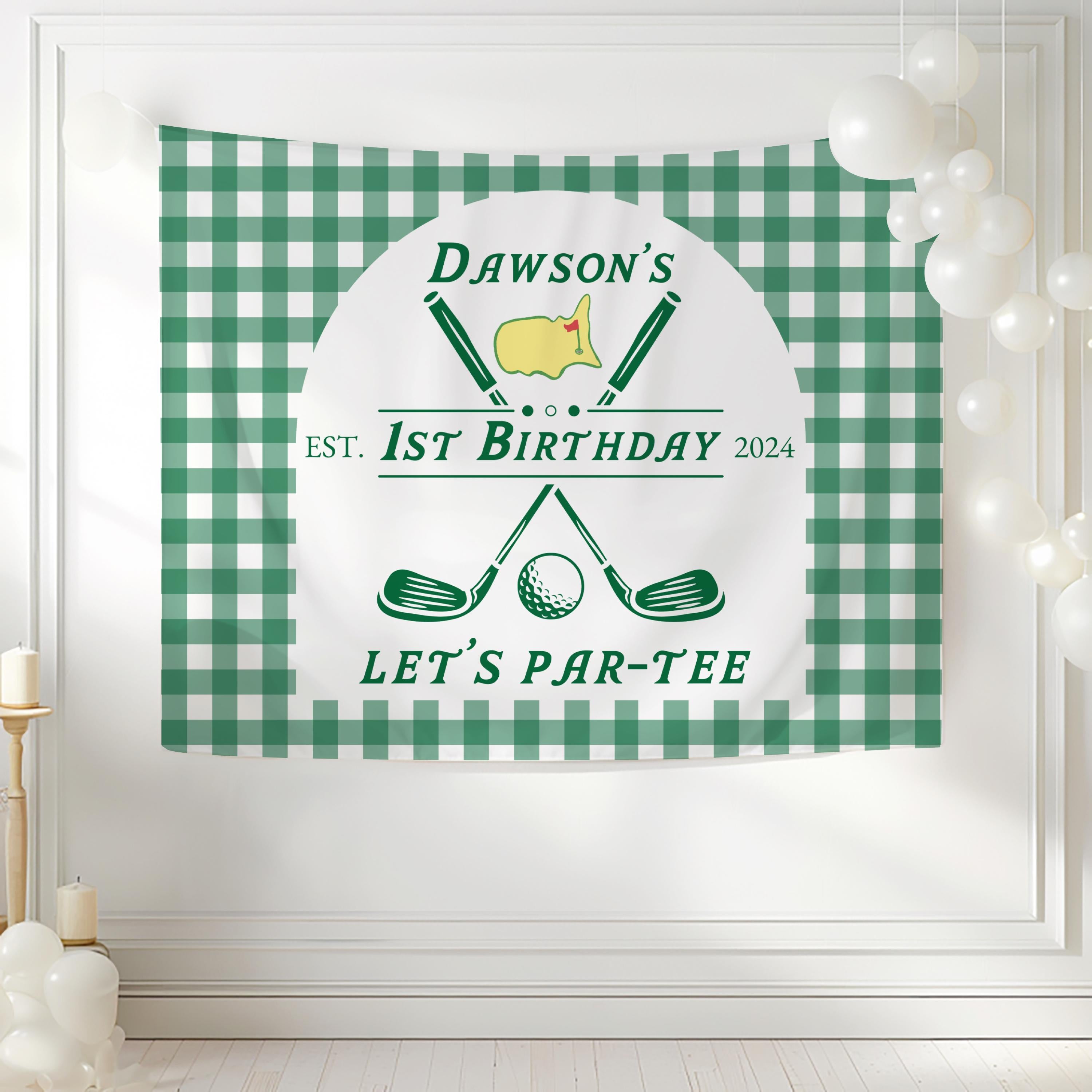 Personalized golf birthday backdrop featuring a green gingham design and golf course inspired details