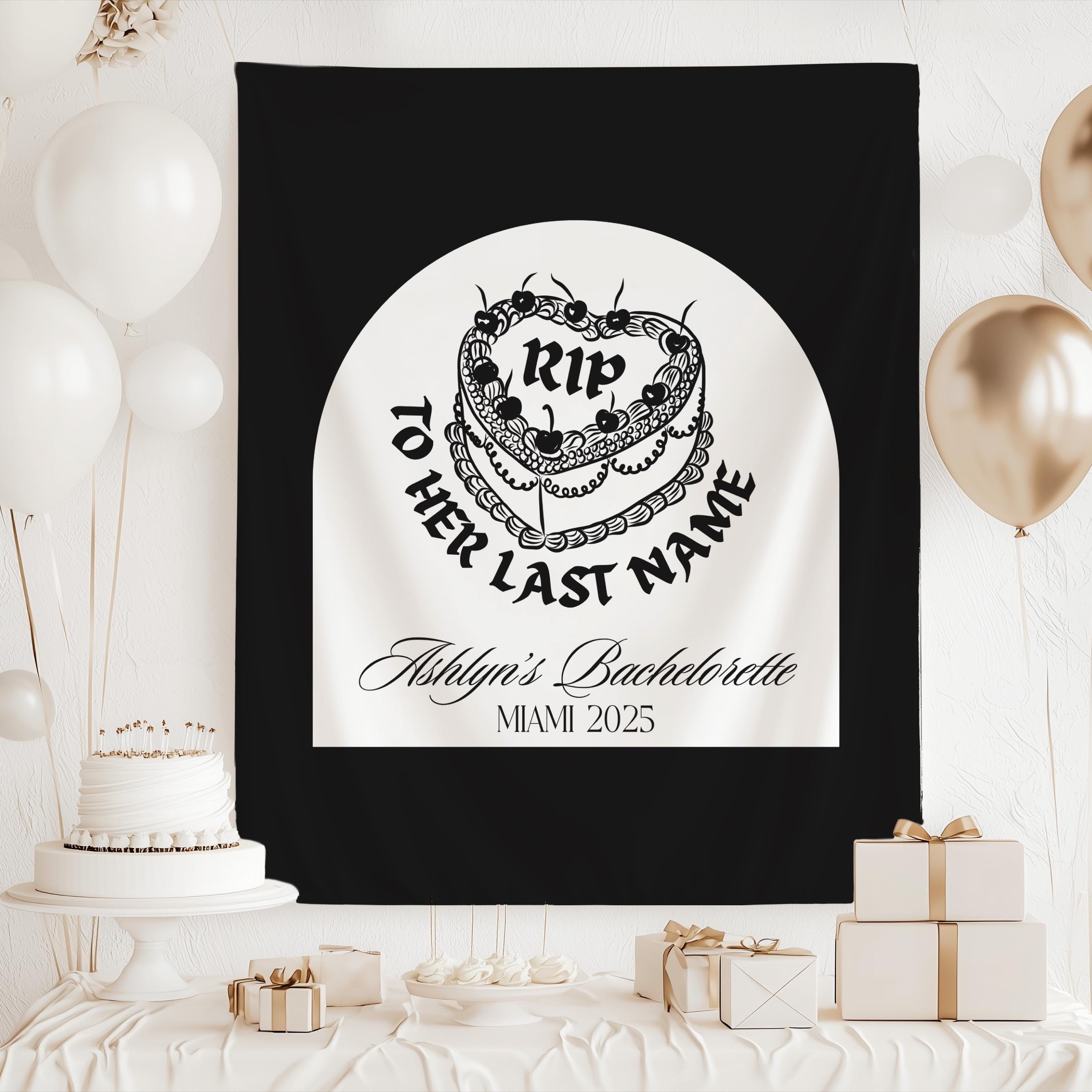 RIP to Her Last Name bridal shower backdrop for halloween bachelorette weekend