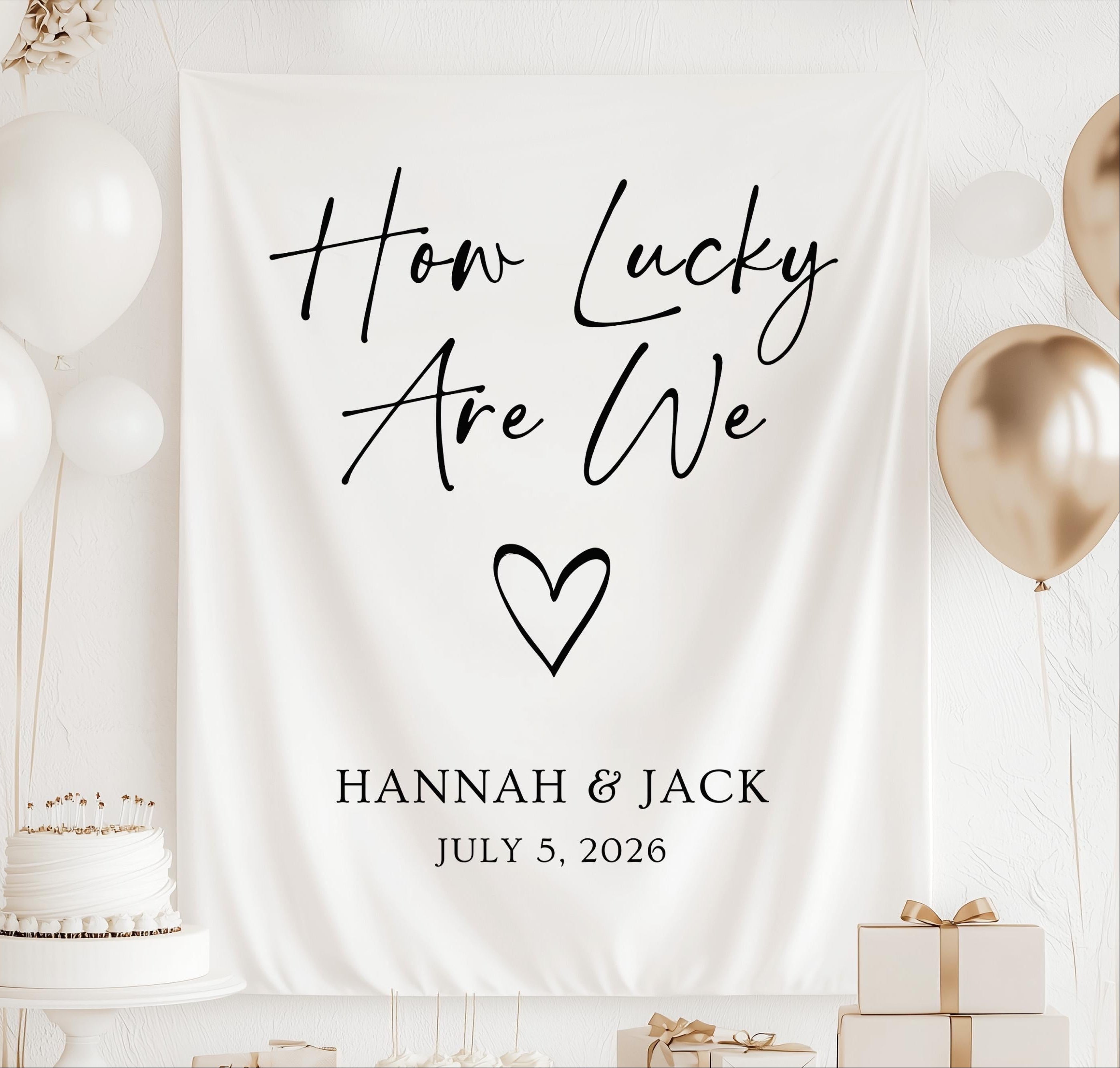 Personalized How Lucky Are We wedding banner with custom names and wedding date for a modern celebration