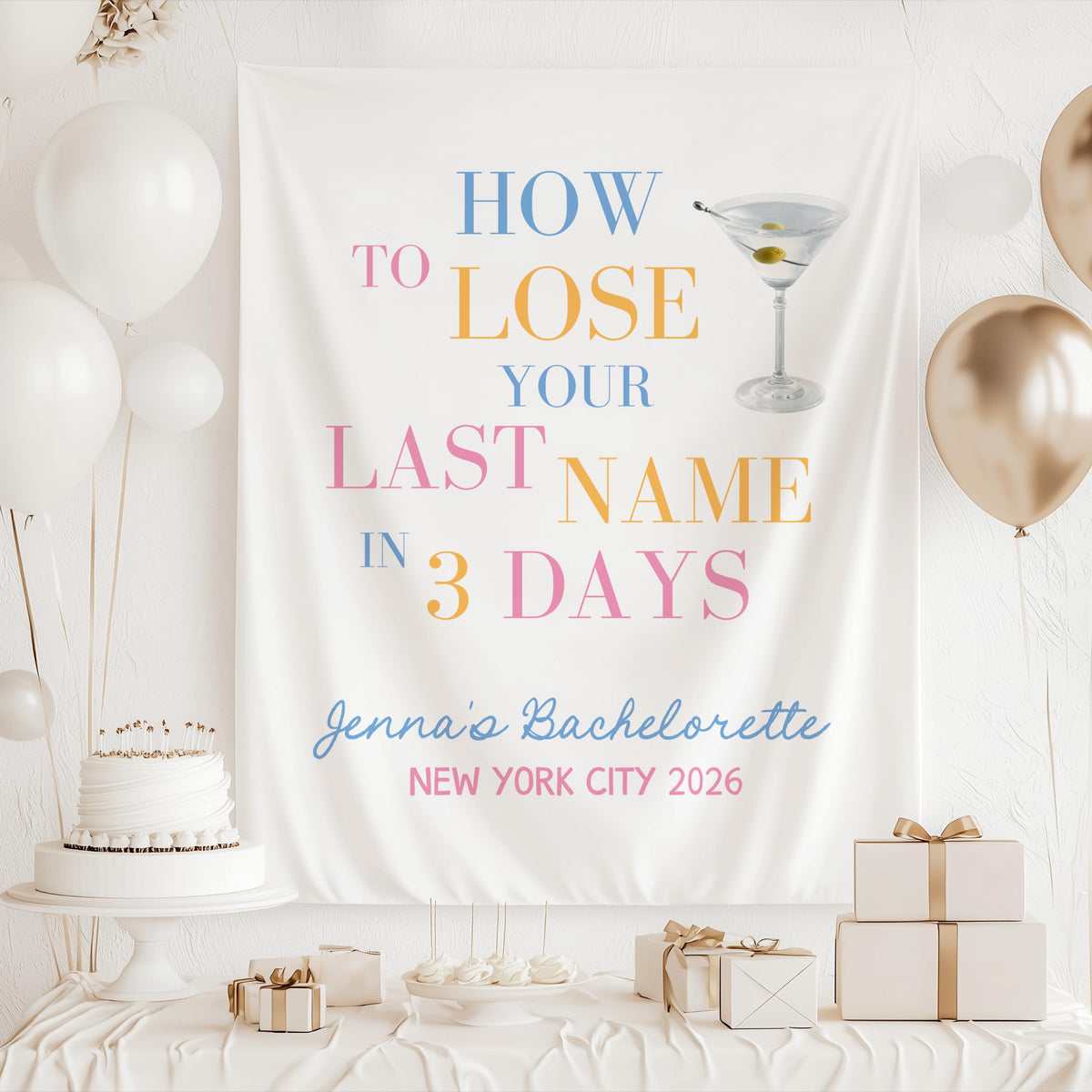 Funny bachelorette party backdrop featuring How to Lose Your Last Name design and personalized text
