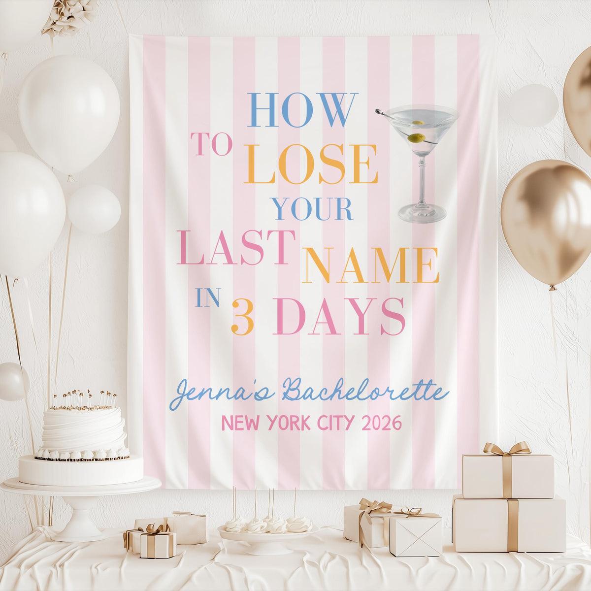 Bridal weekend photo backdrop featuring personalized bachelorette party details and martini illustration
