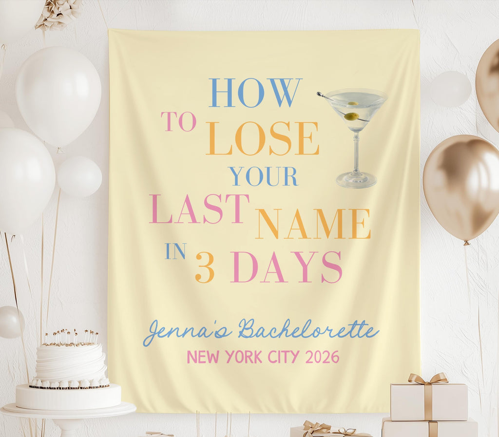 How to Lose Your Last Name personalized bachelorette party backdrop with custom bride name destination and countdown
