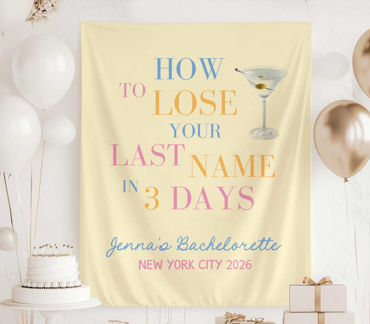 How to Lose Your Last Name personalized bachelorette party backdrop with custom bride name destination and countdown
