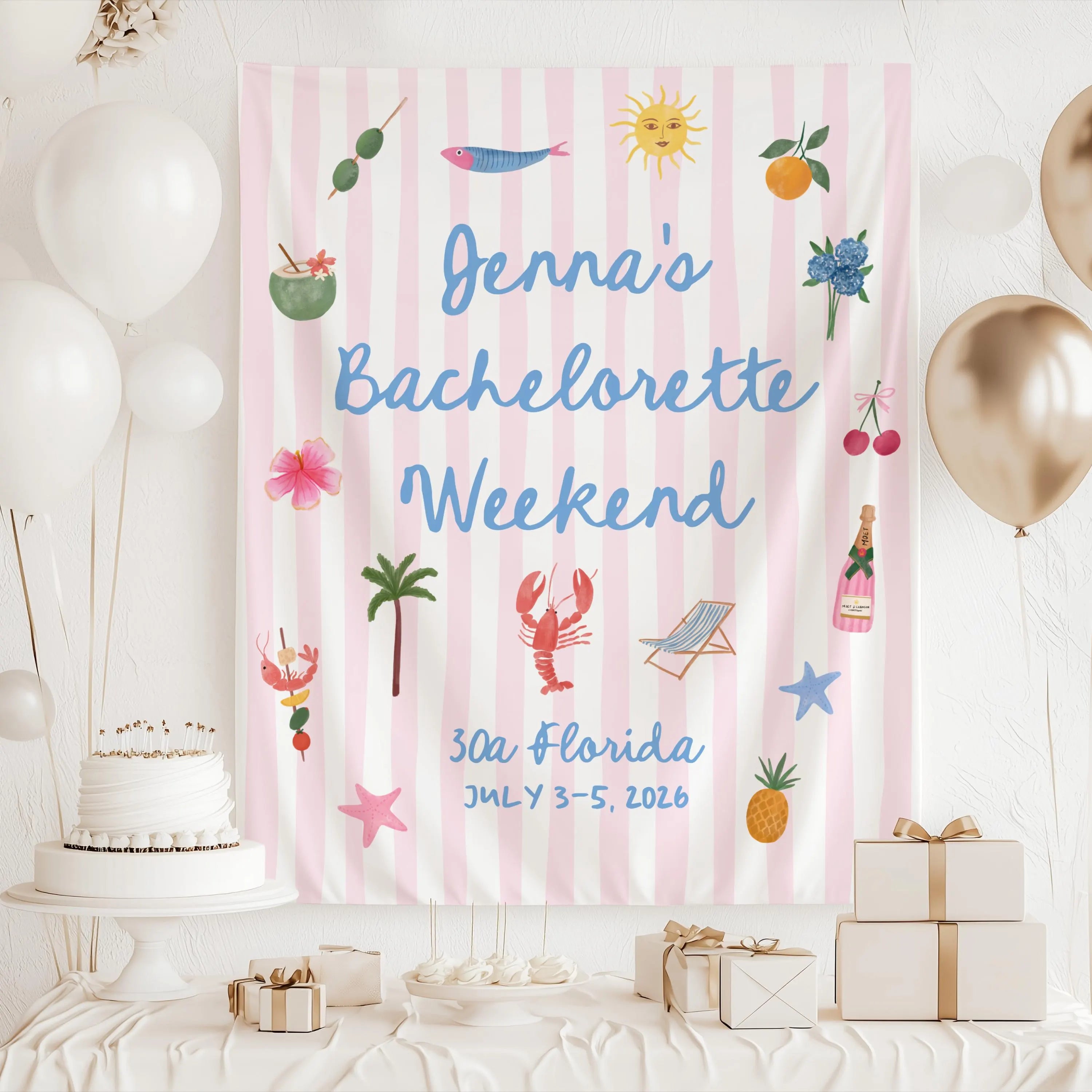 Custom pink striped beach bachelorette banner featuring yellow stripes and seaside icons