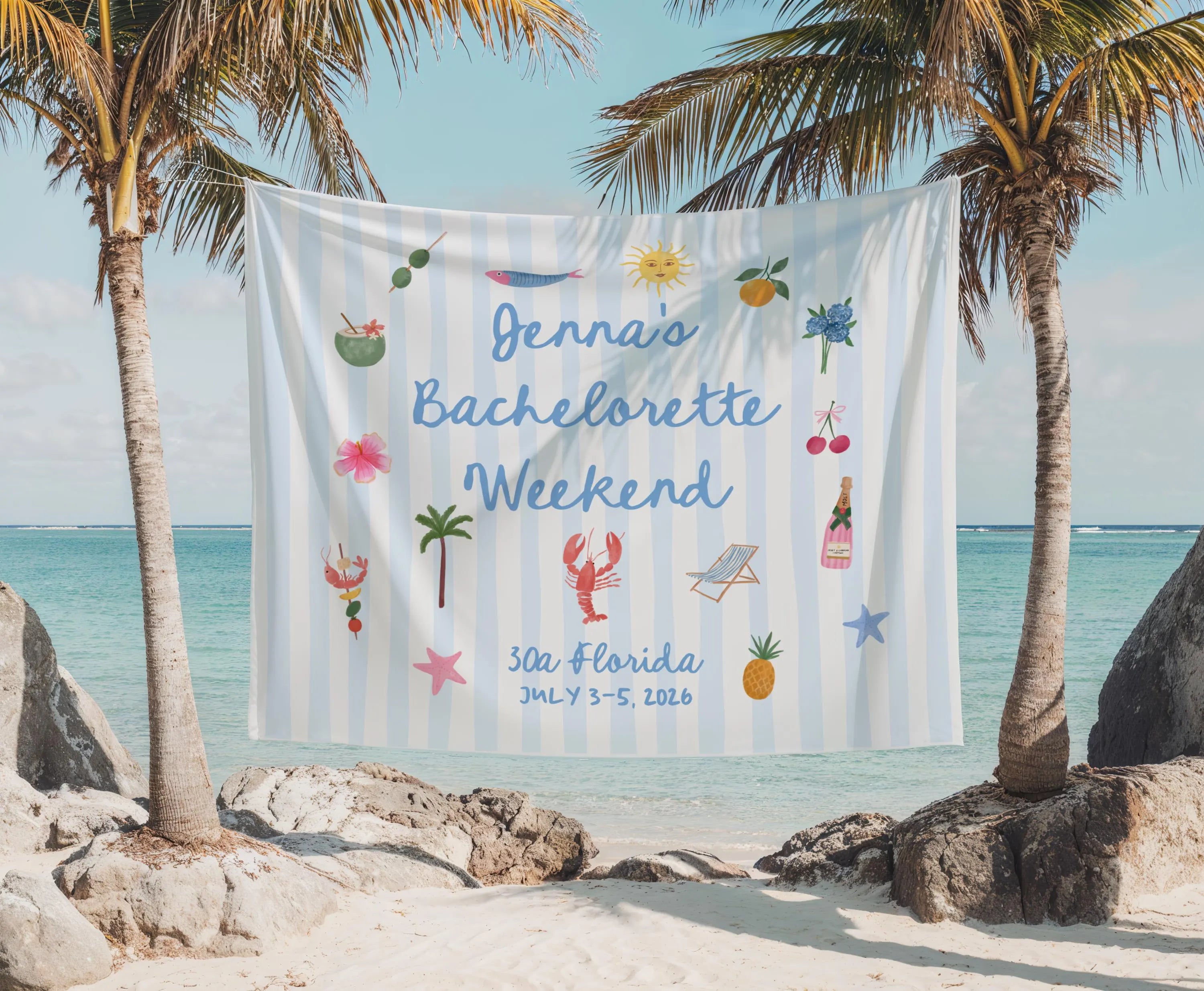 beach bachelorette tapestry with custom name for bachelorette party