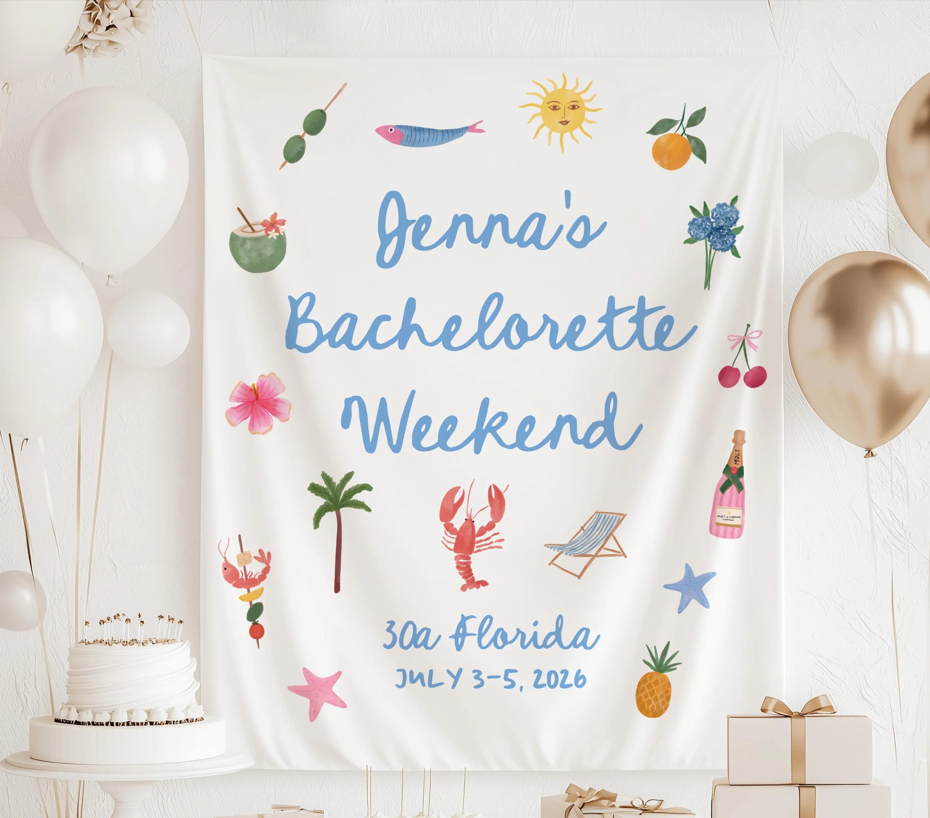 30a florida beach bachelorette backdrop with custom beach icons