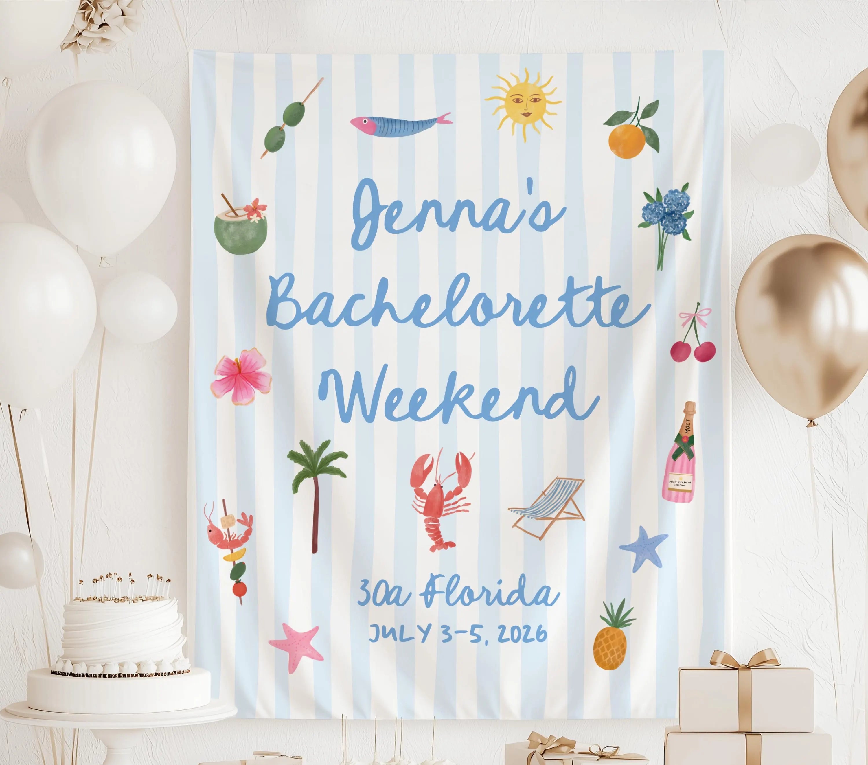 Beach bachelorette backdrop with blue stripes and coastal themed illustrations