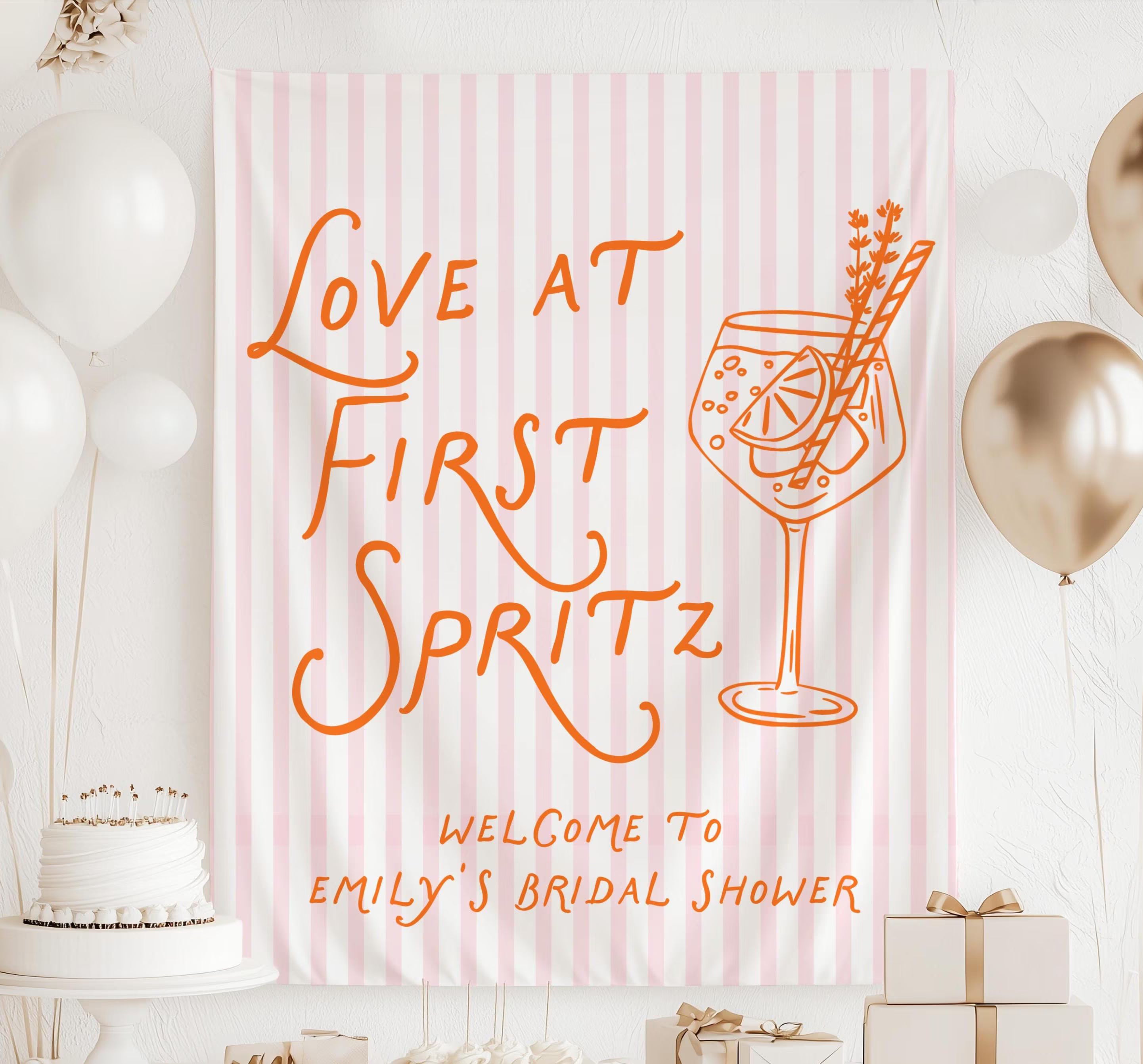 Personalized Love at First Spritz bridal shower welcome banner with pink striped background and orange cocktail illustration
