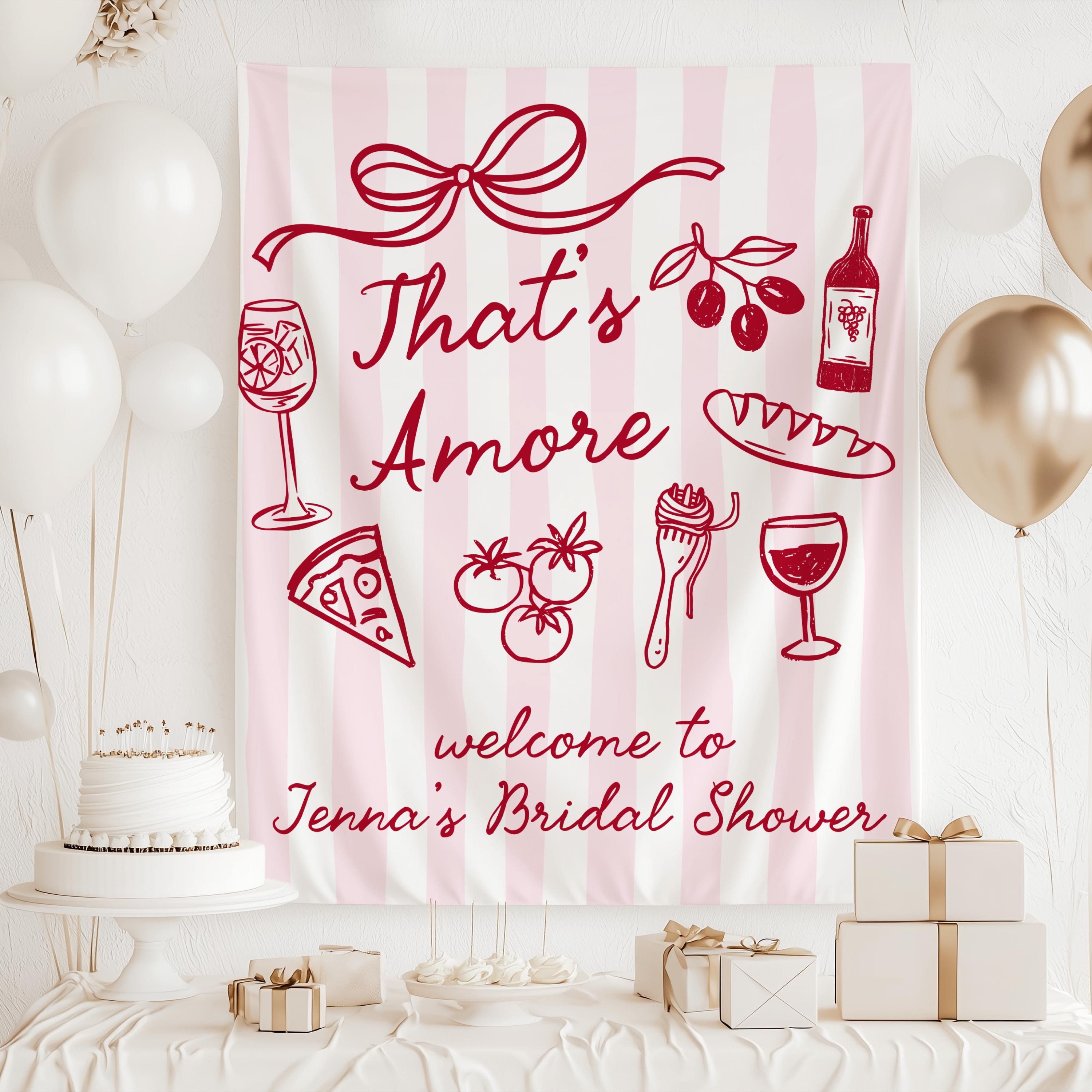Italian bridal shower backdrop featuring wine pasta pizza olives and custom bridal shower wording