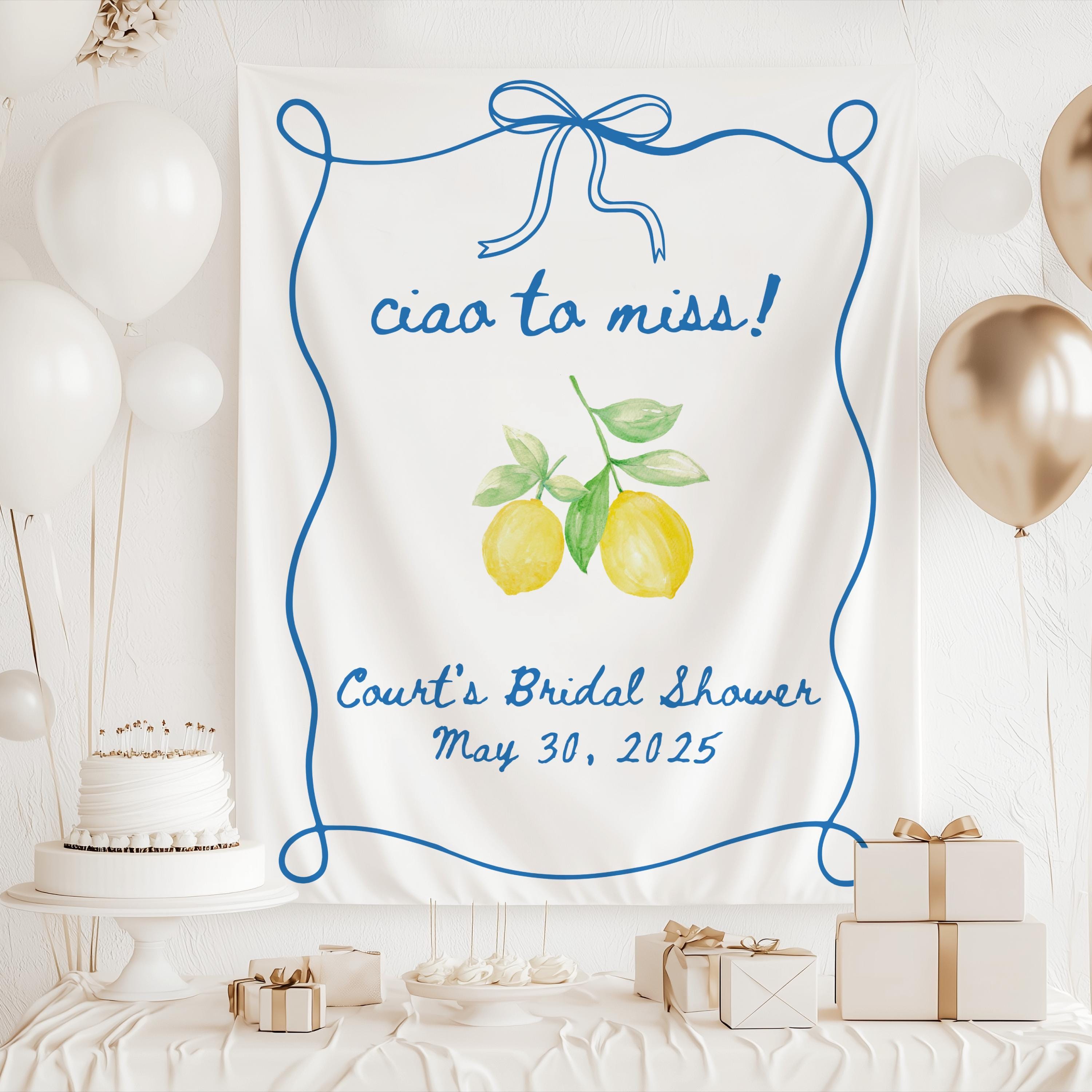 Italian bridal shower backdrop featuring watercolor lemons blue stripes and personalized bridal shower wording