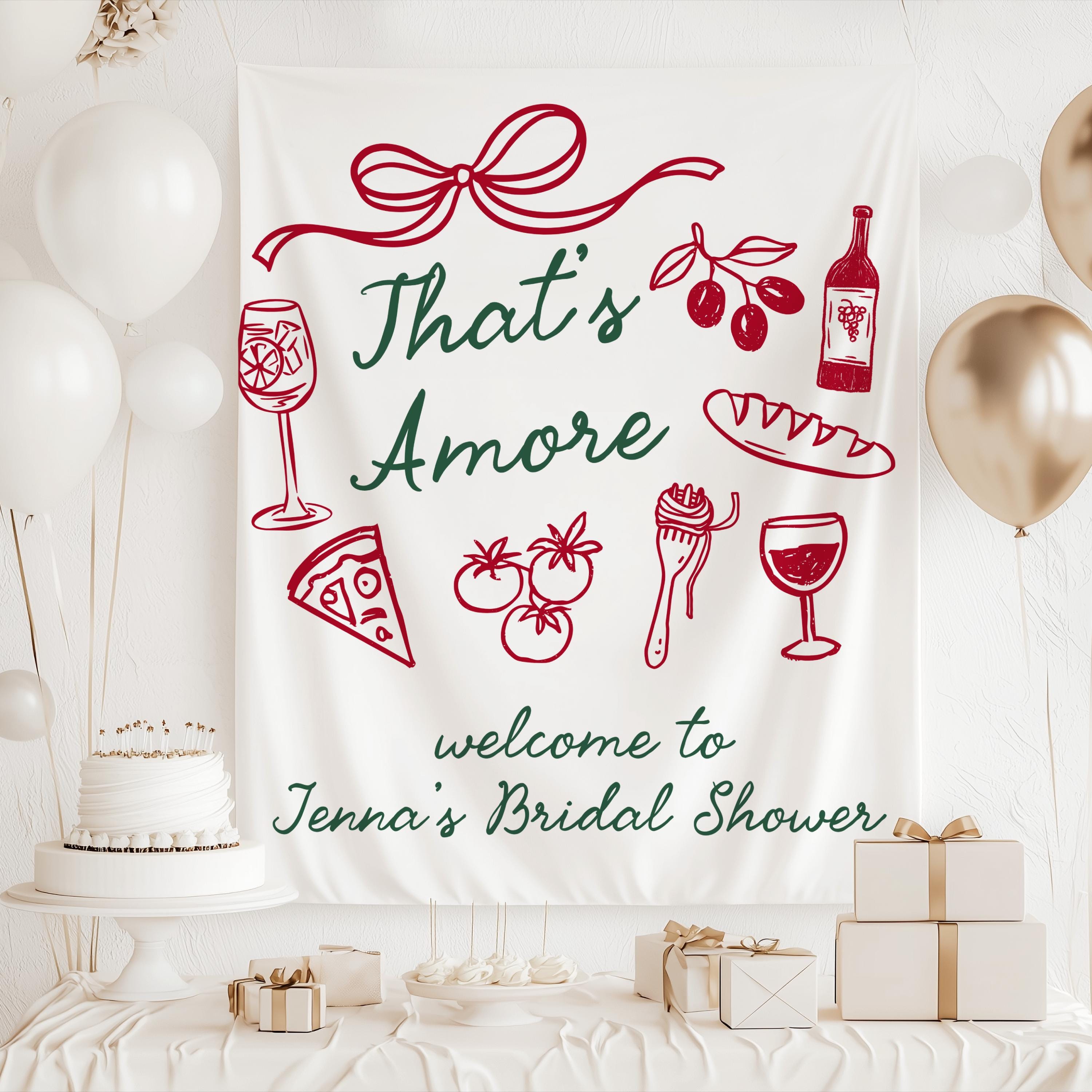 Custom Italian wedding shower tapestry featuring That's Amore design with classic Italian food and wine artwork
