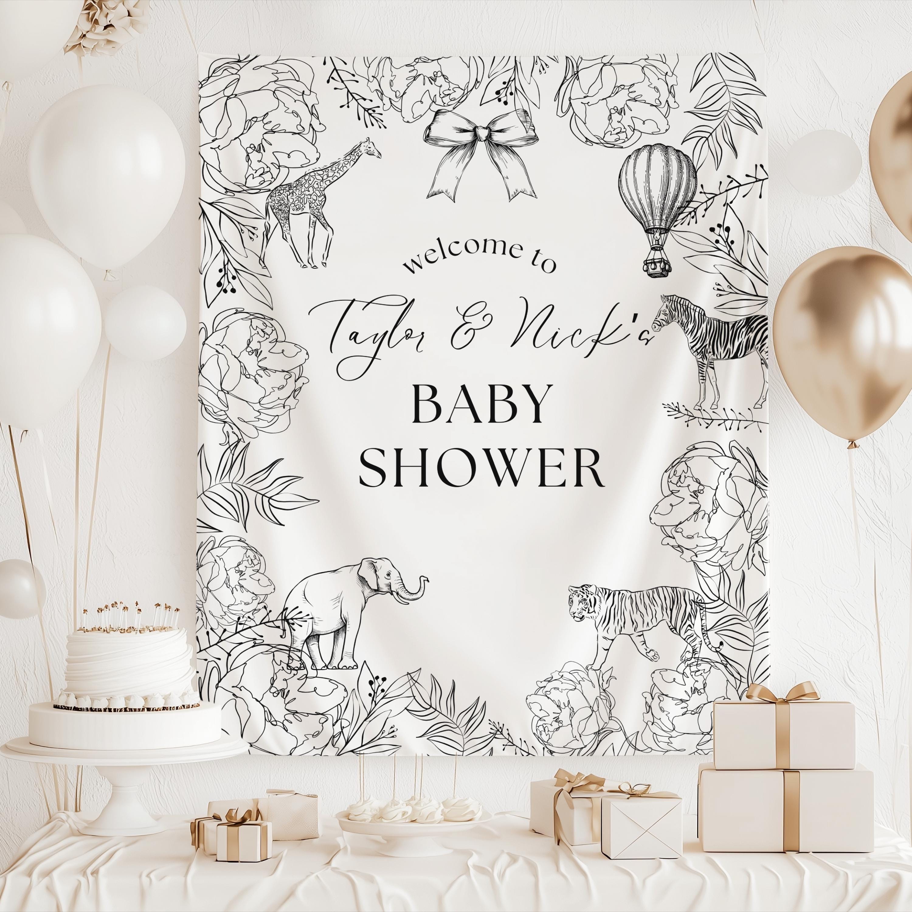 Custom jungle baby shower backdrop featuring safari animals and vintage toile inspired artwork