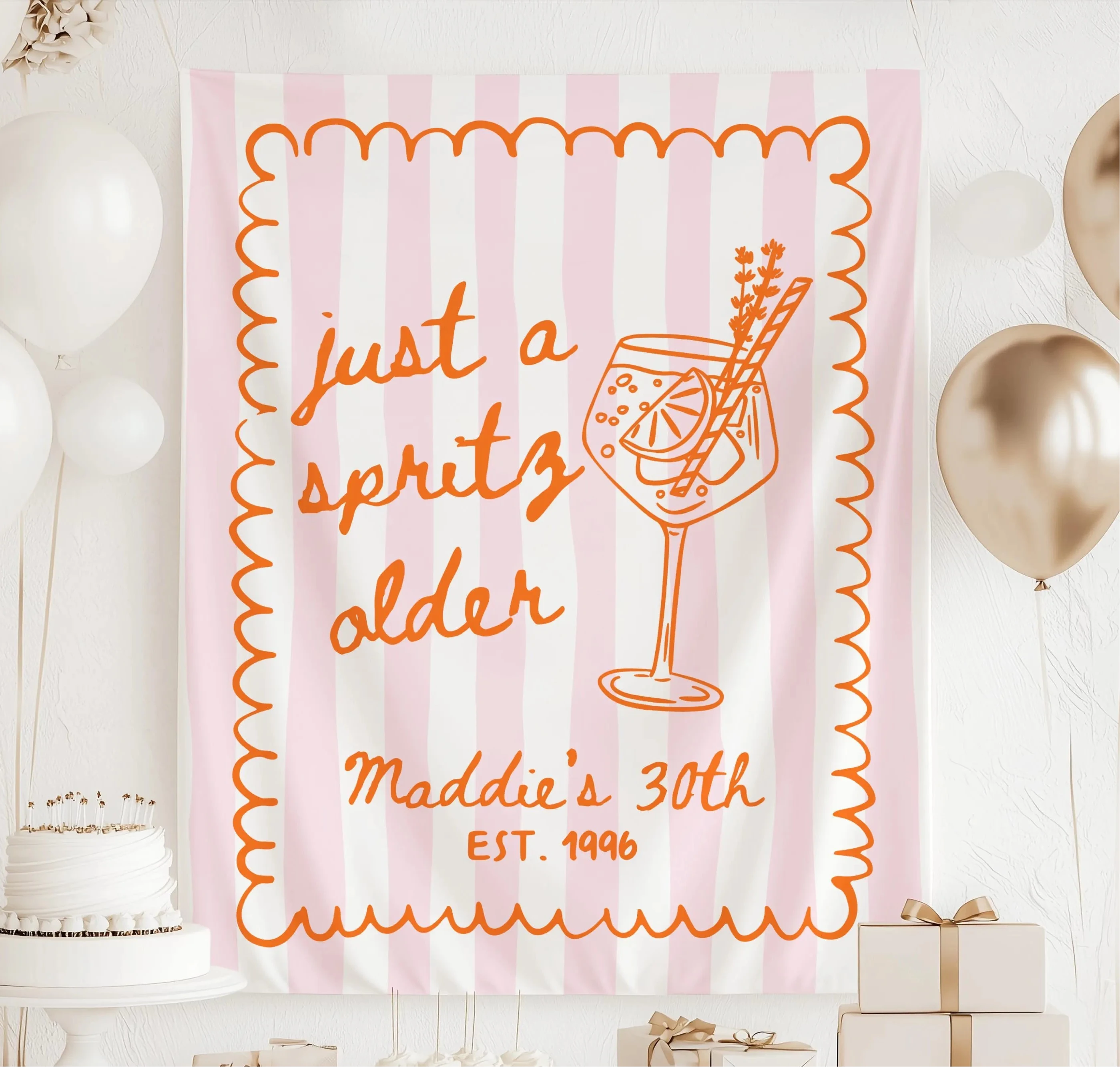 Personalized Just a Spritz Older birthday banner with pink striped background and orange spritz cocktail illustration
