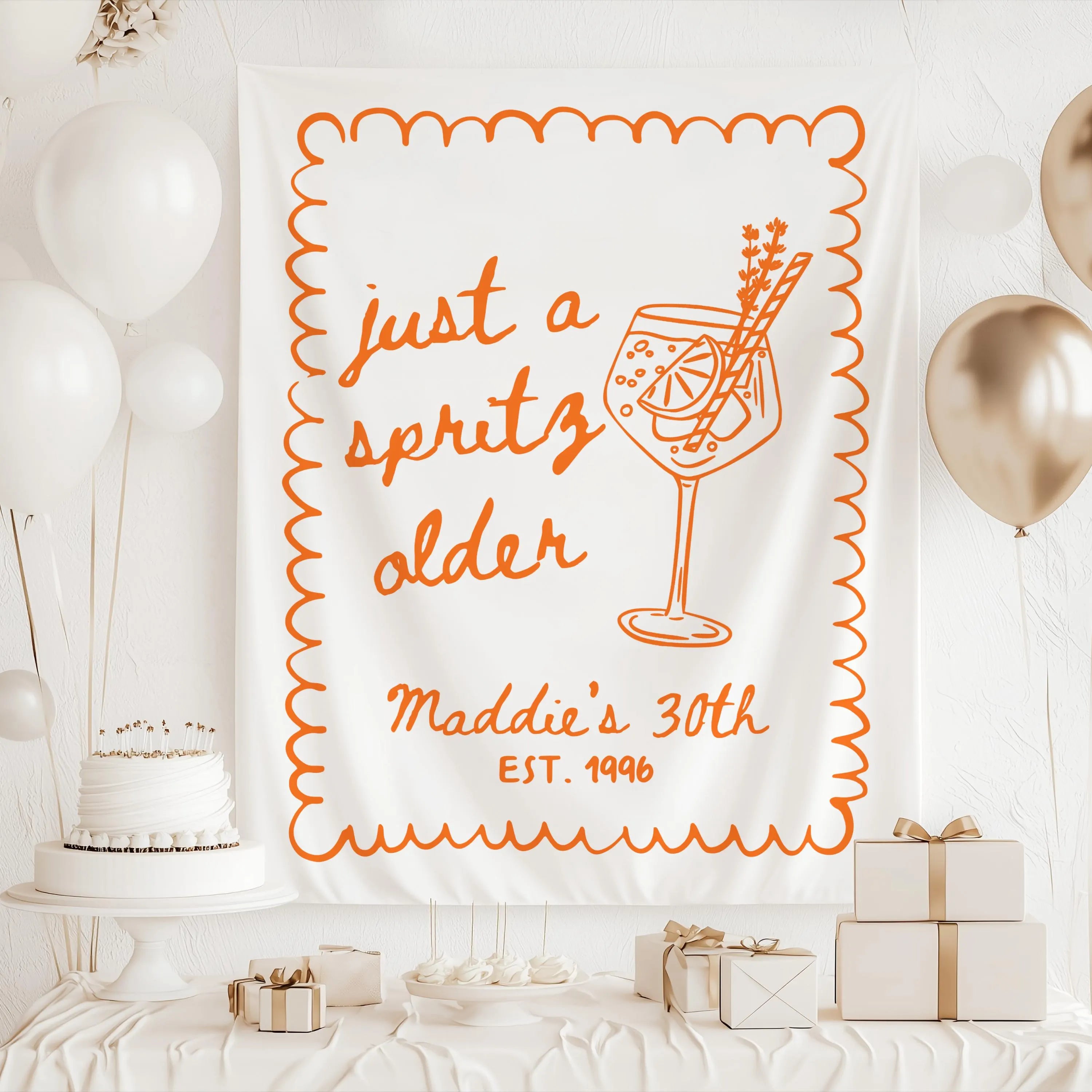 Just a Spritz Older personalized birthday party backdrop for milestone birthday celebration

