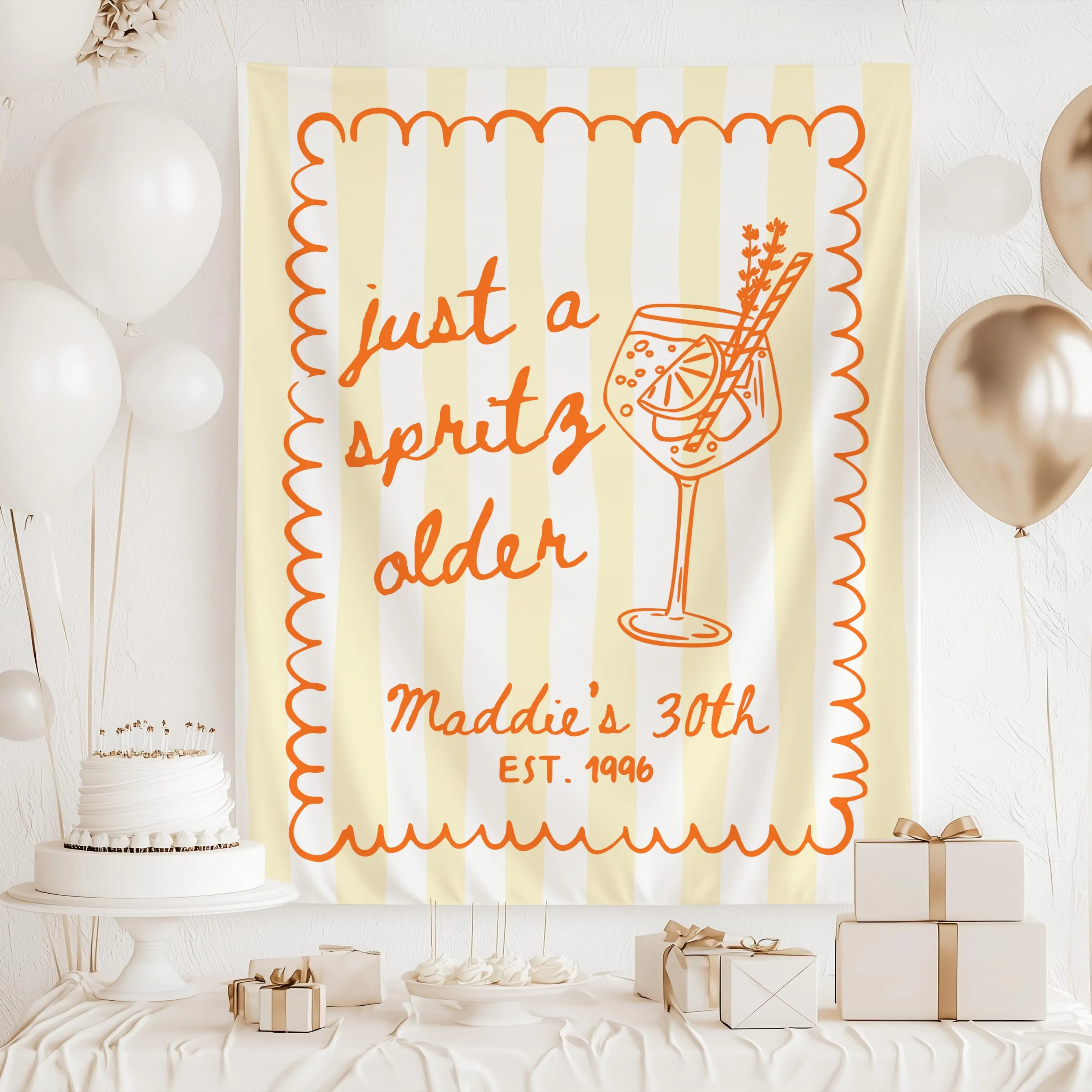 Cute birthday party backdrop featuring Just a Spritz Older design and custom personalization
