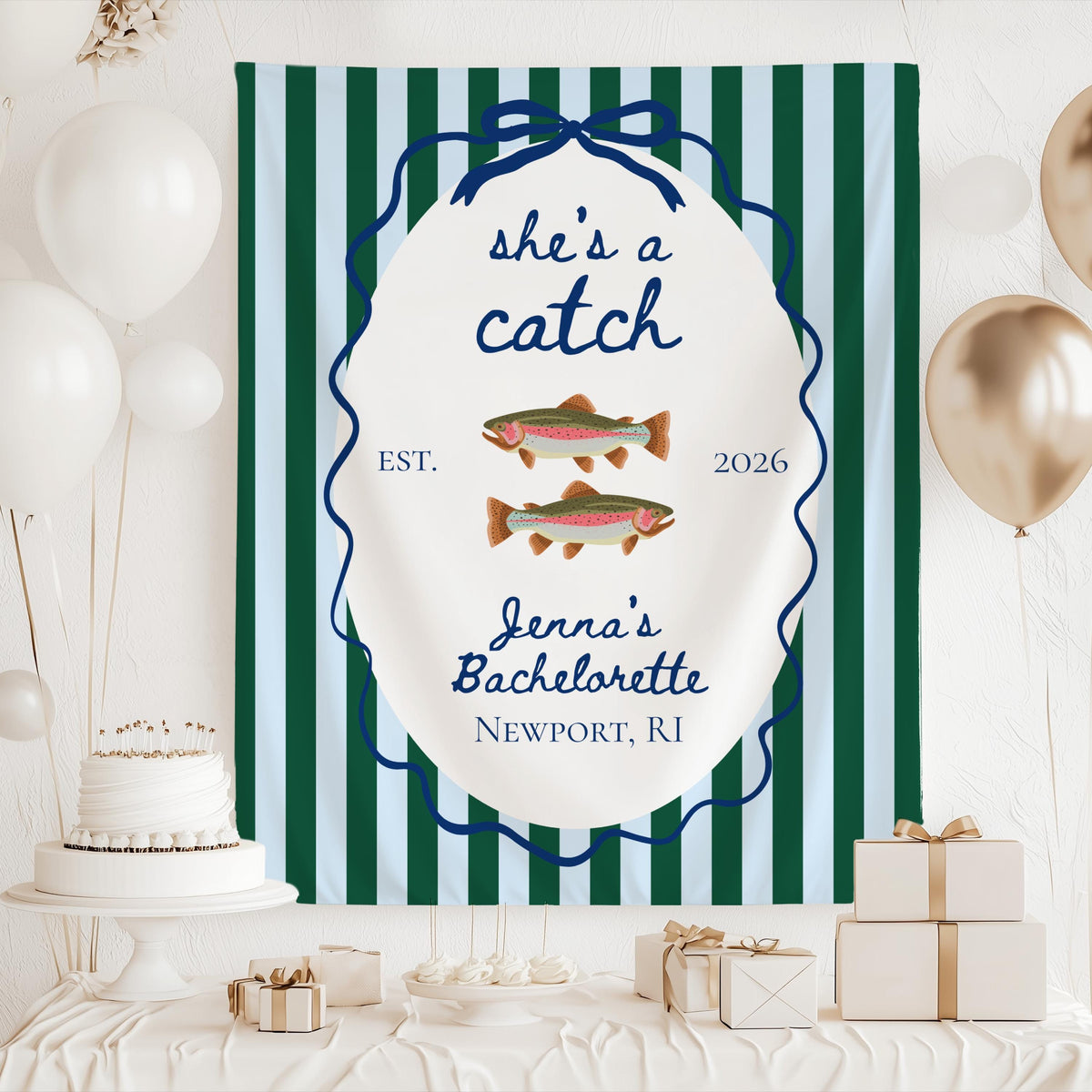 lake themed bachelorette backdrop with fish illustration perfect for lake house celebrations