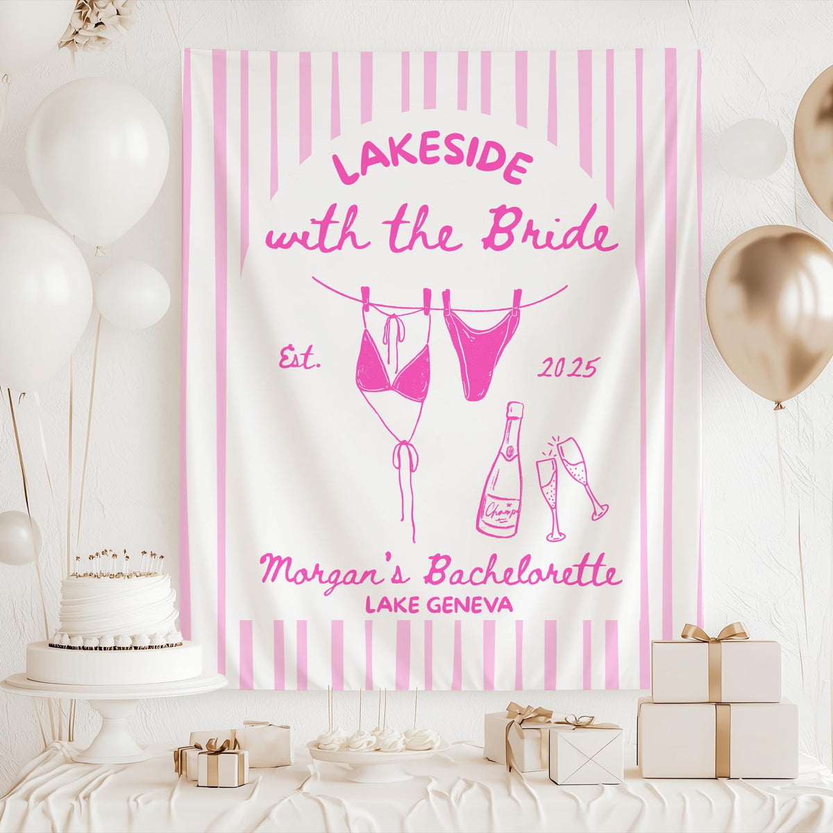 Custom lake weekend bachelorette backdrop featuring swimsuits champagne and custom names