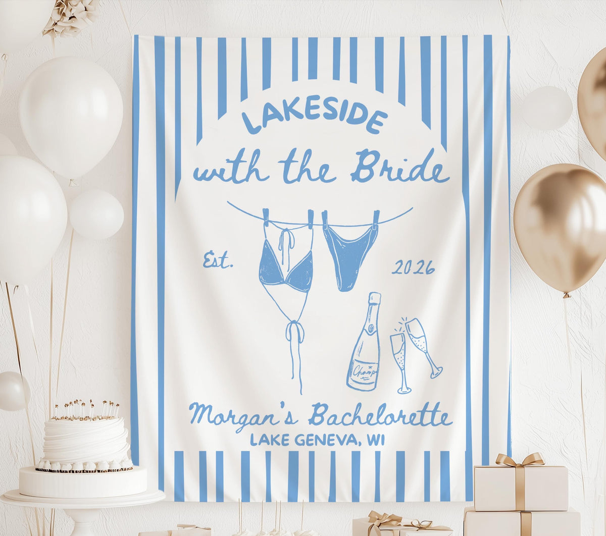 Custom Lakeside with the Bride banner for lake bachelorette weekend celebrations