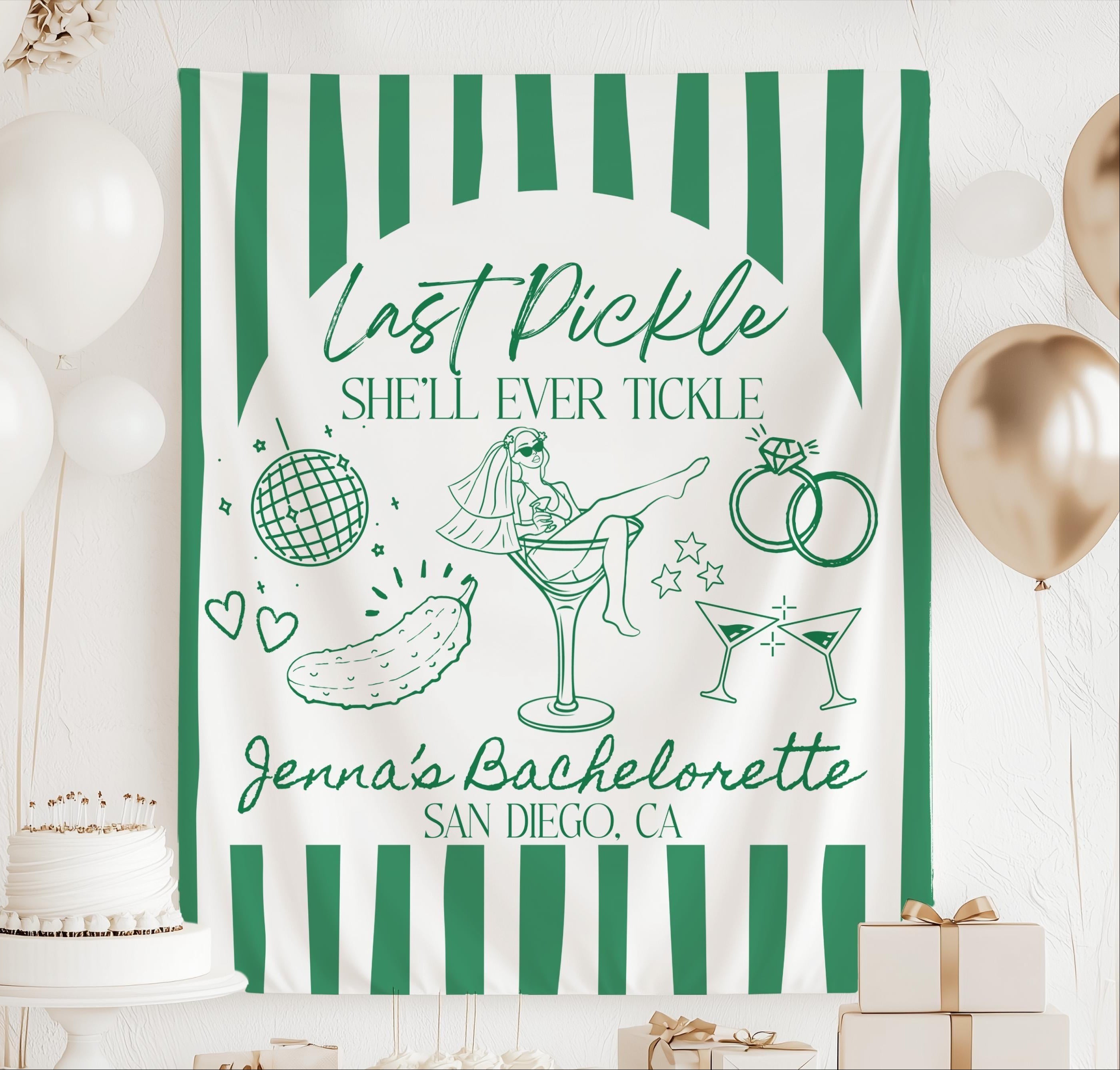 Personalized Last Pickle She'll Ever Tickle bachelorette banner with pickle and bride in martini glass