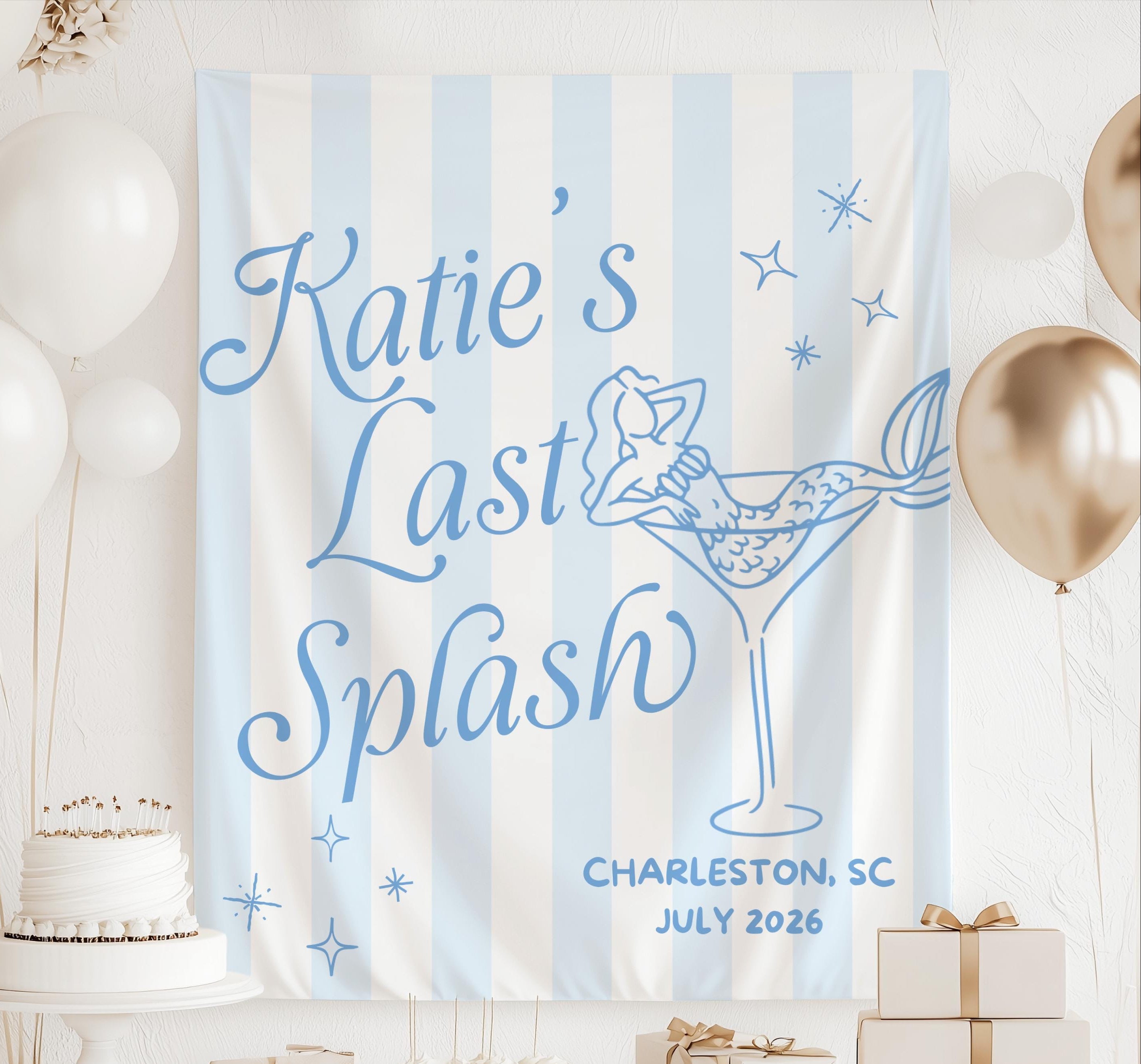 Personalized Last Splash bachelorette banner featuring a mermaid relaxing in a martini glass with custom bride name, destination, and date.