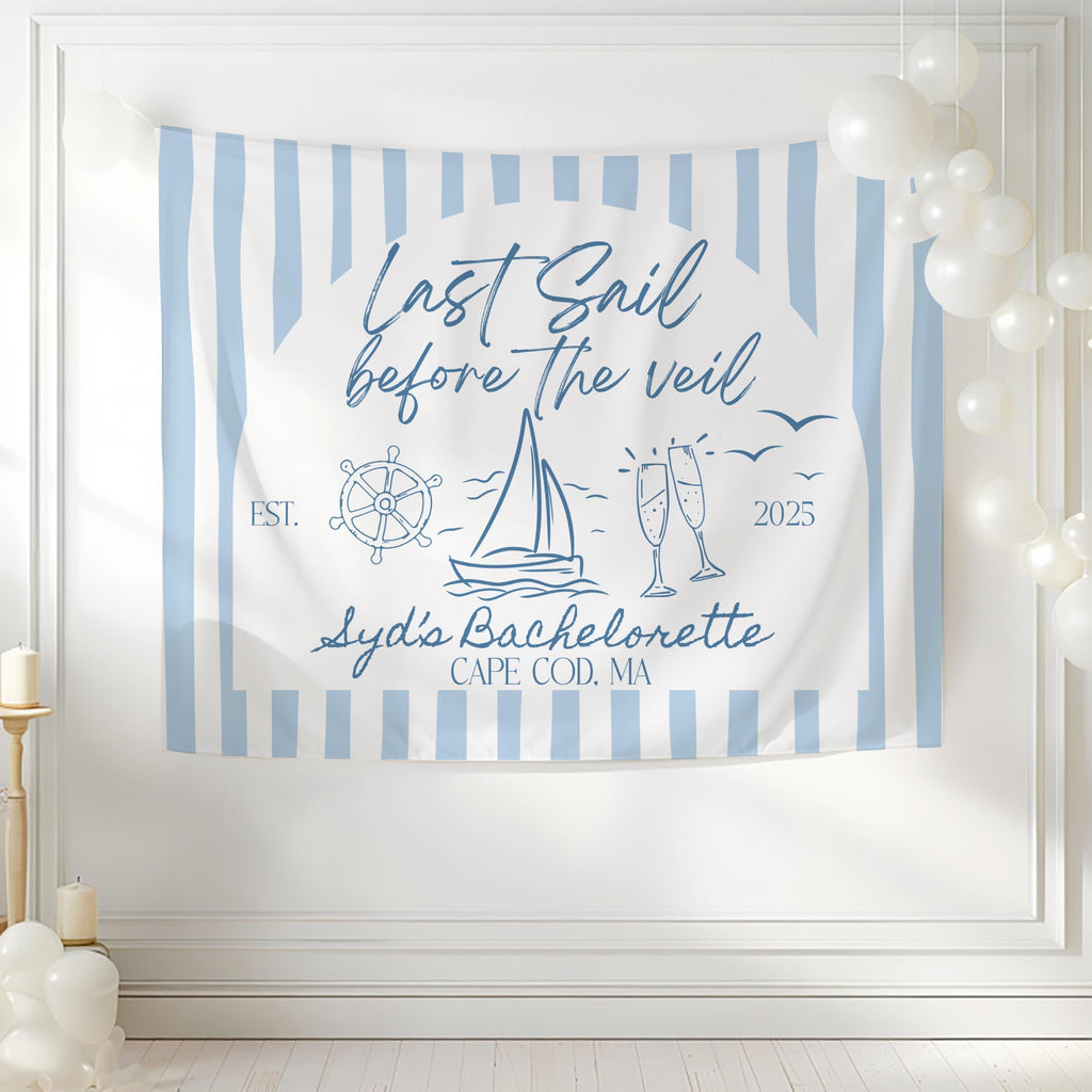 Personalized boat bachelorette backdrop for Last Sail Before the Veil celebration and photo booth decor
