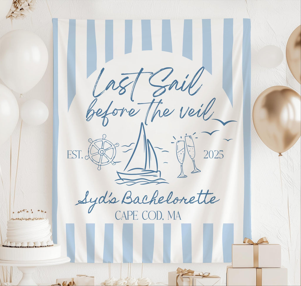 Personalized Last Sail Before the Veil banner for nautical bachelorette party with custom name and event details
